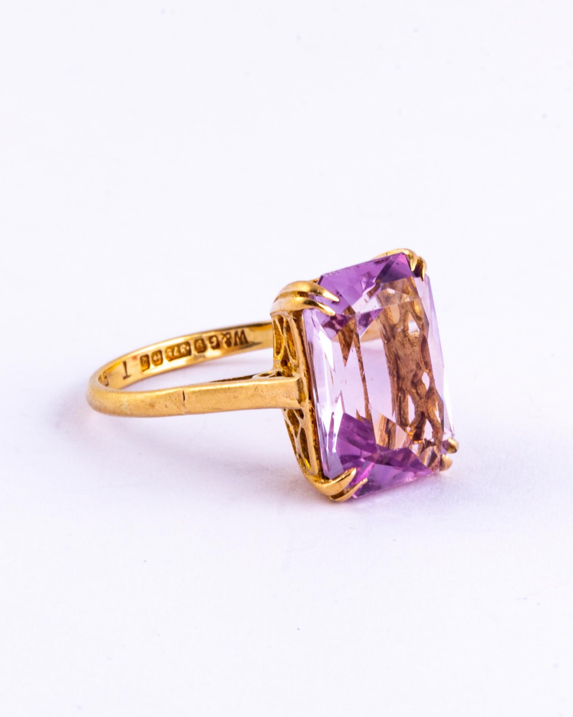 The amethyst set up high upon this ring is a gorgeous pale purple colour held in double claws. Modelled in 9carat gold and made in Birmingham, England. 

Ring Size: N or 6 3/4
Stone Dimensions: 19x10mm 
Height Off Finger: 7mm 

Weight: 3.8g