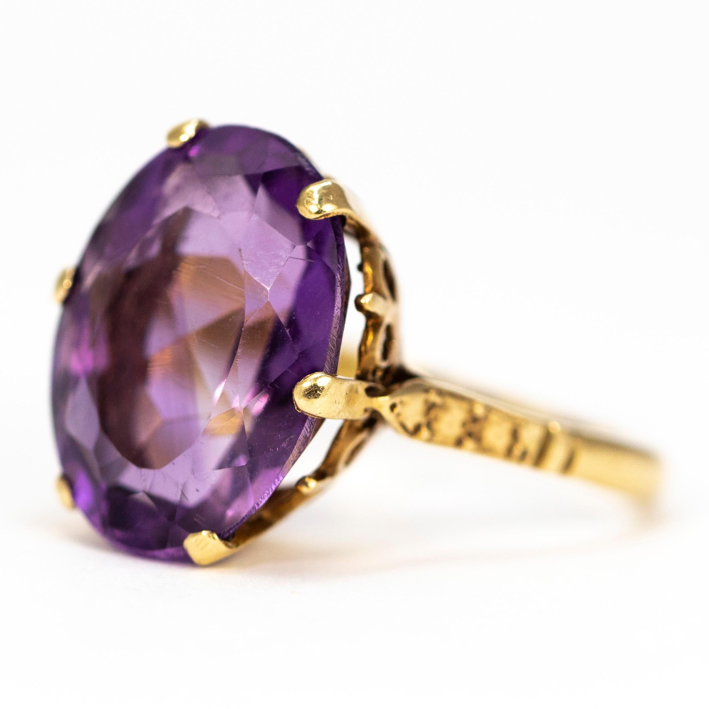 The oval stone set simply in this ring using a simple claw setting. The Amethyst is a deep purple colour and is perched upon a gorgeous open gallery with great detail. Made in Birmingham, England. 

Ring Size: N or 6 3/4 
Stone Dimensions: 16x 13mm