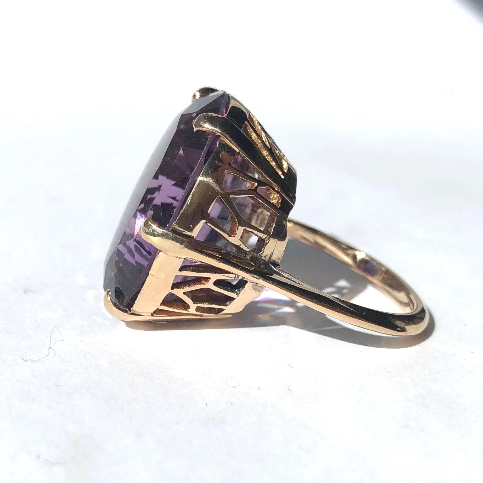 The oval amethyst stone is gorgeous and bright, the stone is set in a simple claw setting and the gallery is open with a classic Art Deco style design. 

Ring Size: K 1/2 or 5 1/2 
Stone Dimensions: 22x18mm 
Height From Finger: 12mm

Weight: 10g