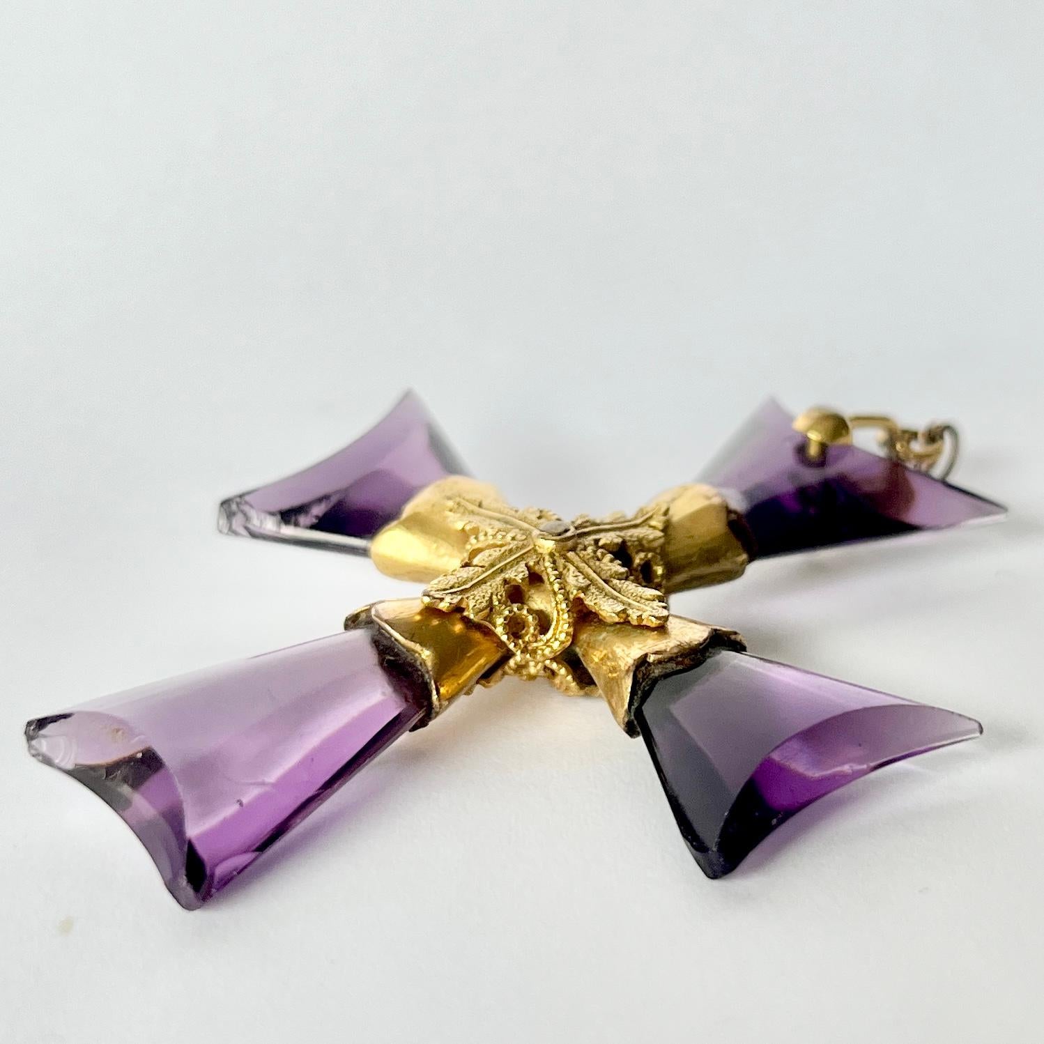 Antique Amethyst and 9 Carat Gold Cross Pendant  In Fair Condition In Chipping Campden, GB