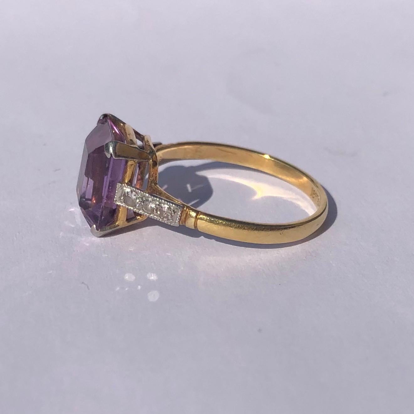 The amethyst set up high upon this ring is a gorgeous pale purple colour and is complimented by diamond shoulders. Each shoulder totals approx 6pts and the stones are set in platinum. 

Ring Size: O or 7 1/4
Stone Dimensions: 10x8mm 
Height Off