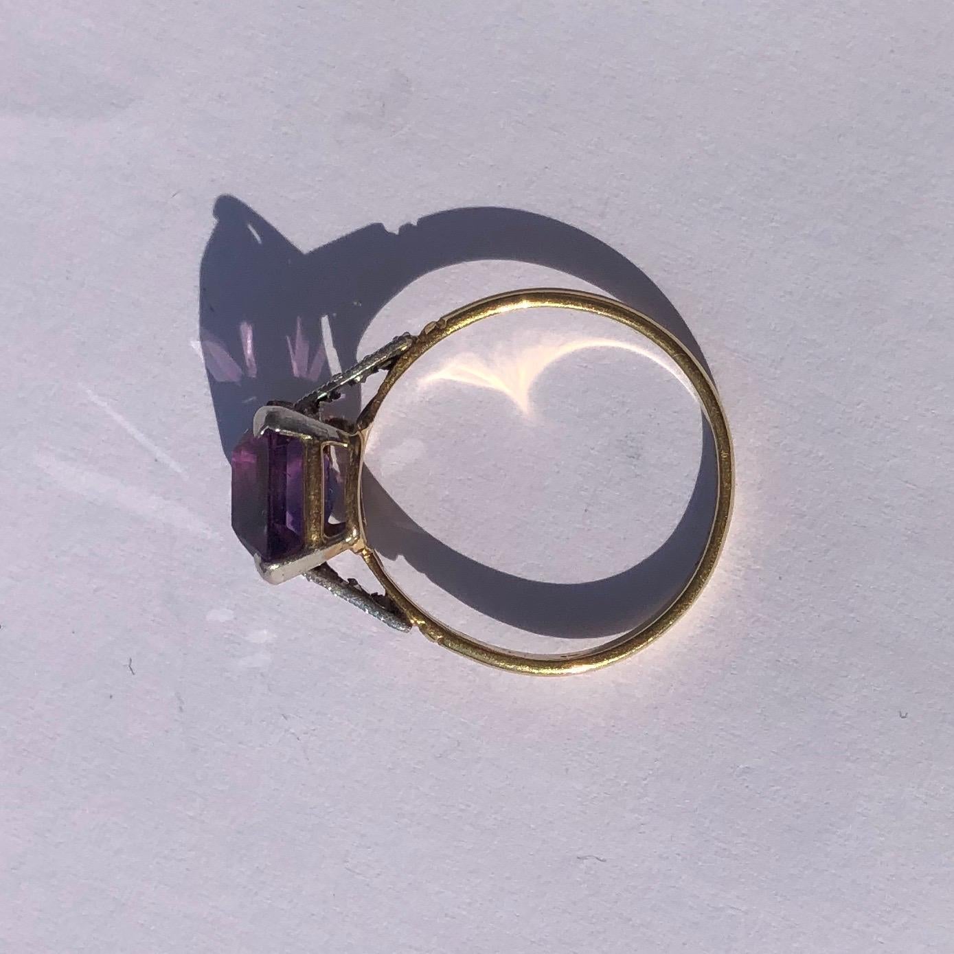 Emerald Cut Antique Amethyst and Diamond 18 Carat Gold Cocktail Ring