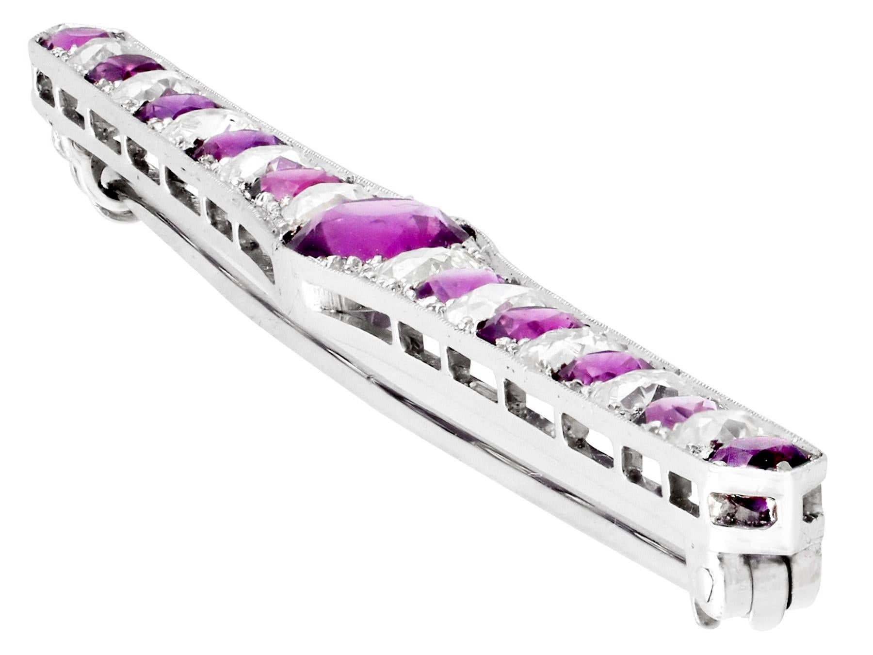 Round Cut Antique Amethyst and Diamond Bar Brooch in White Gold For Sale