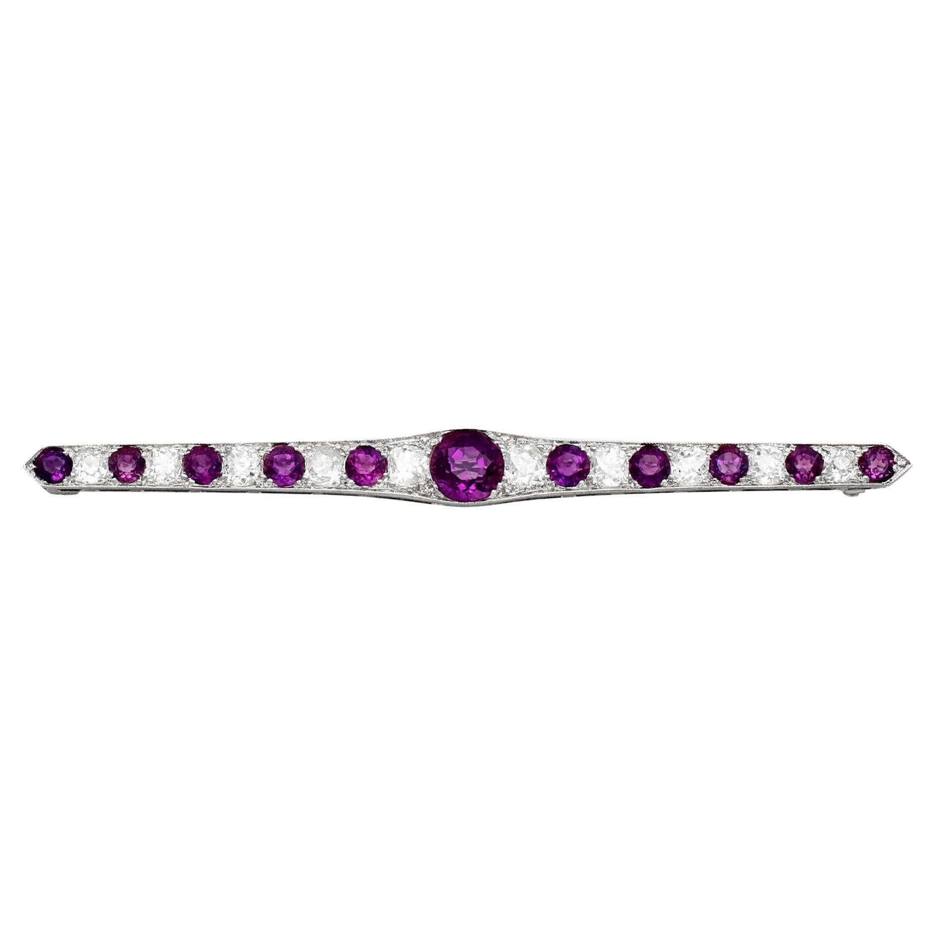 Antique Amethyst and Diamond Bar Brooch in White Gold For Sale