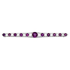 Antique Amethyst and Diamond Bar Brooch in White Gold