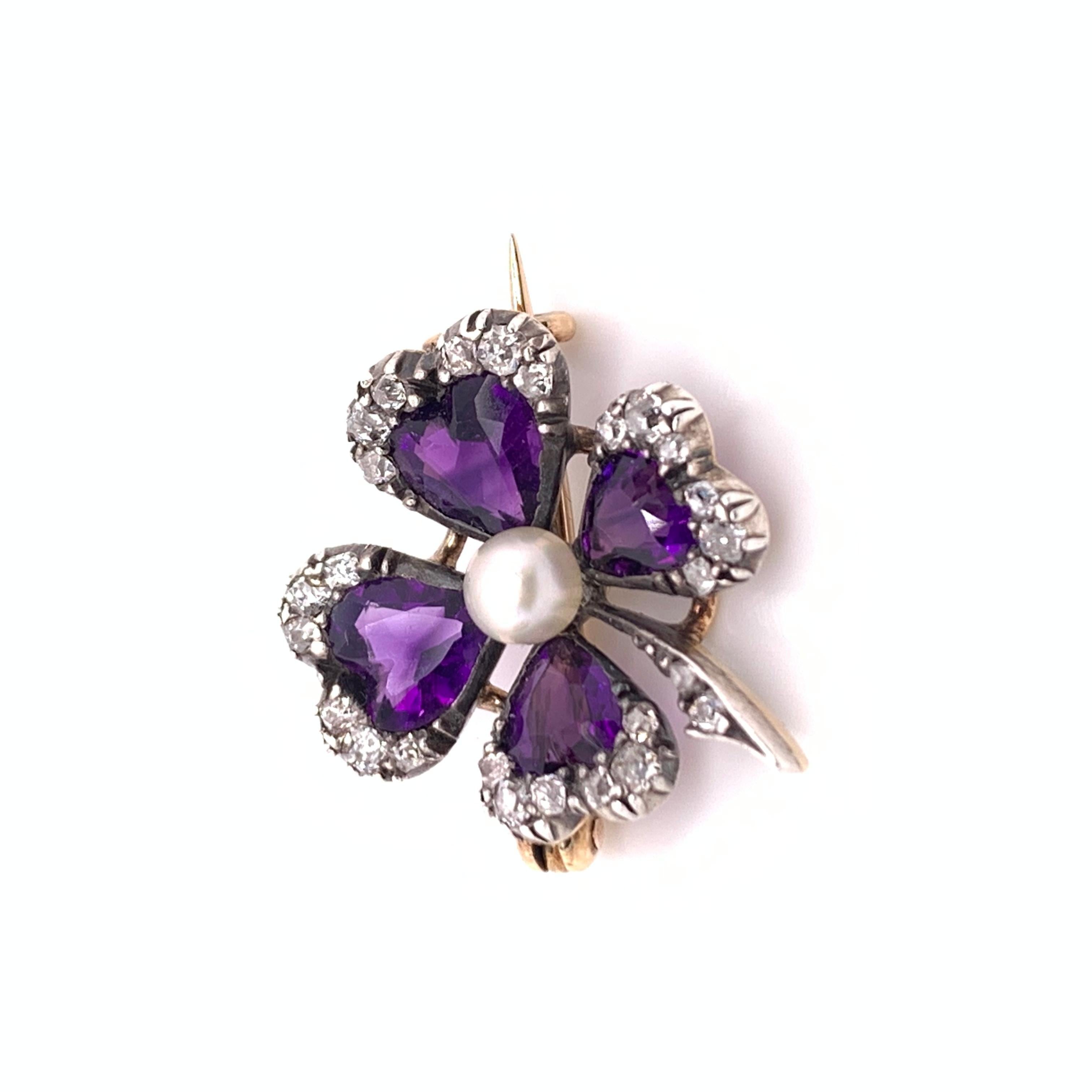 Victorian Antique Amethyst and Diamond Four-Leaf Clover Brooch