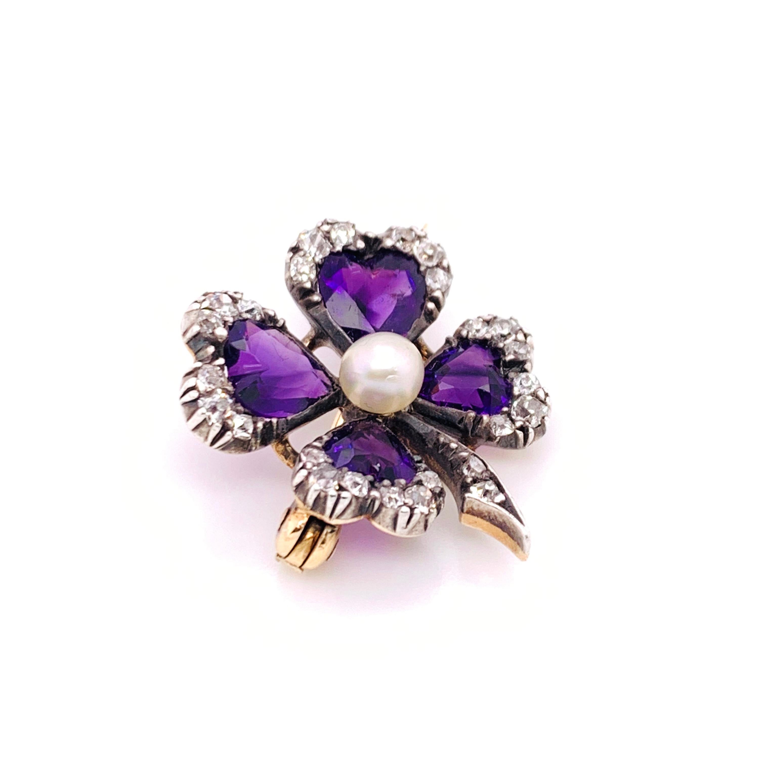 Antique Amethyst and Diamond Four-Leaf Clover Brooch In Good Condition In London, GB