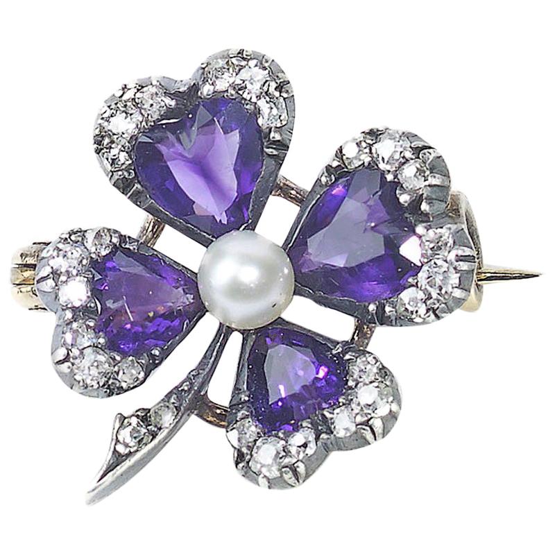 Antique Amethyst and Diamond Four-Leaf Clover Brooch