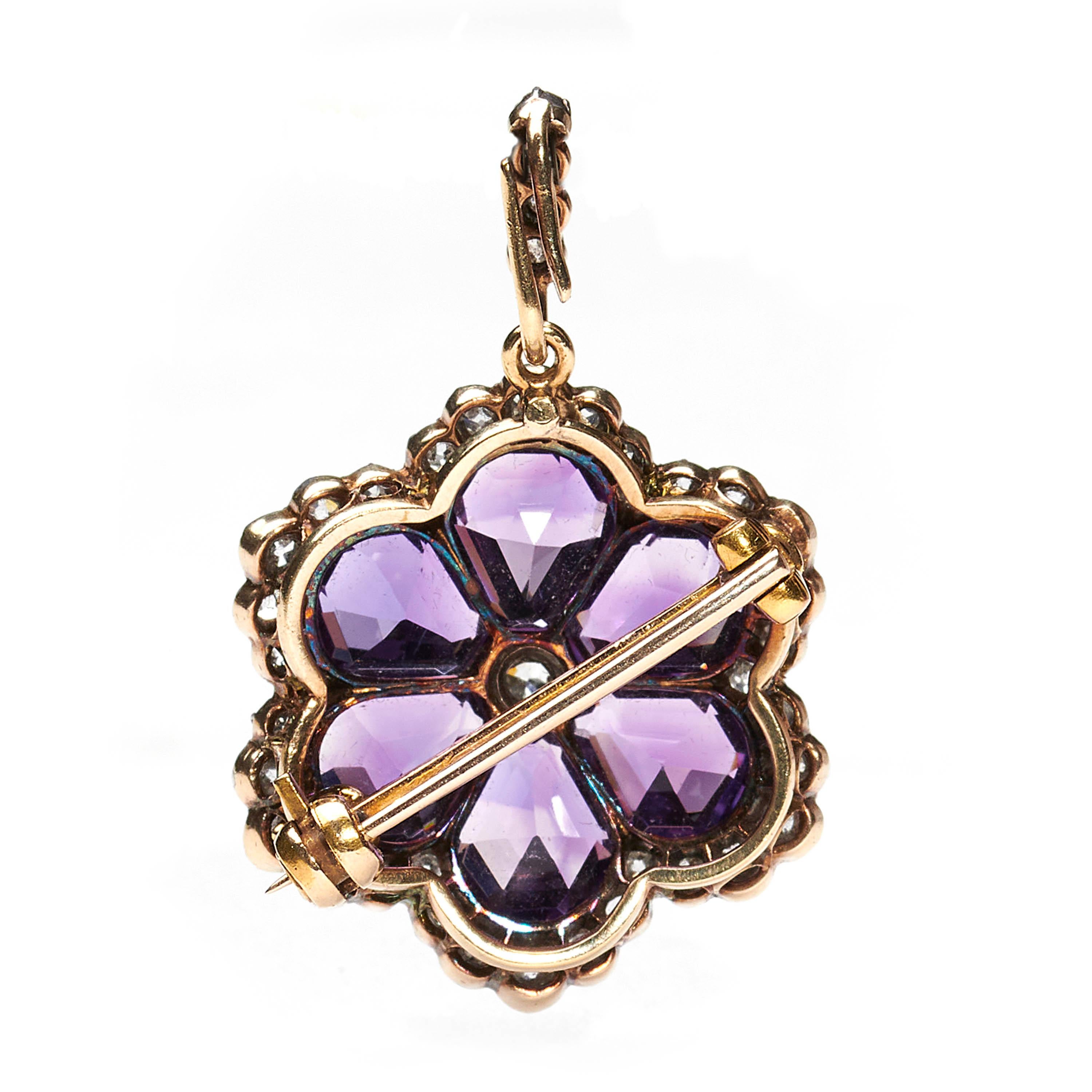 Victorian Antique Amethyst, Diamond, Silver And Gold Pendant Brooch, Circa 1890 For Sale