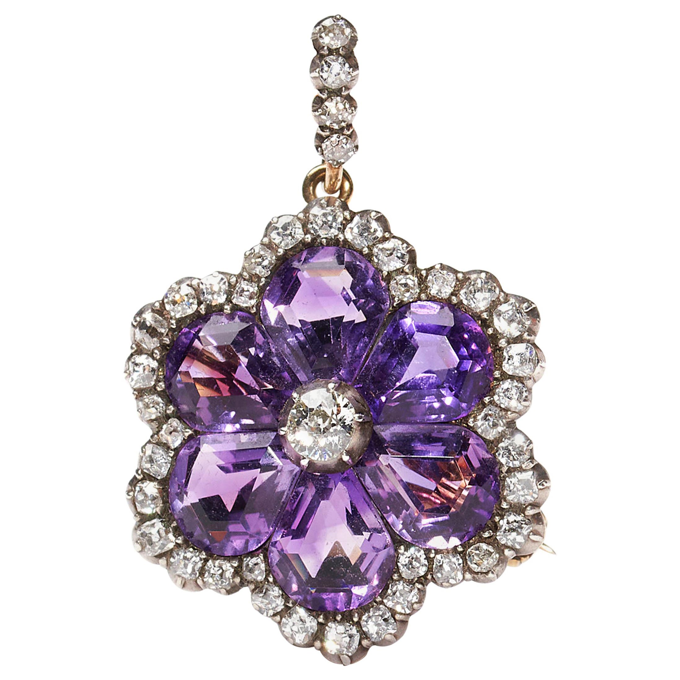 Antique Amethyst, Diamond, Silver And Gold Pendant Brooch, Circa 1890 For Sale