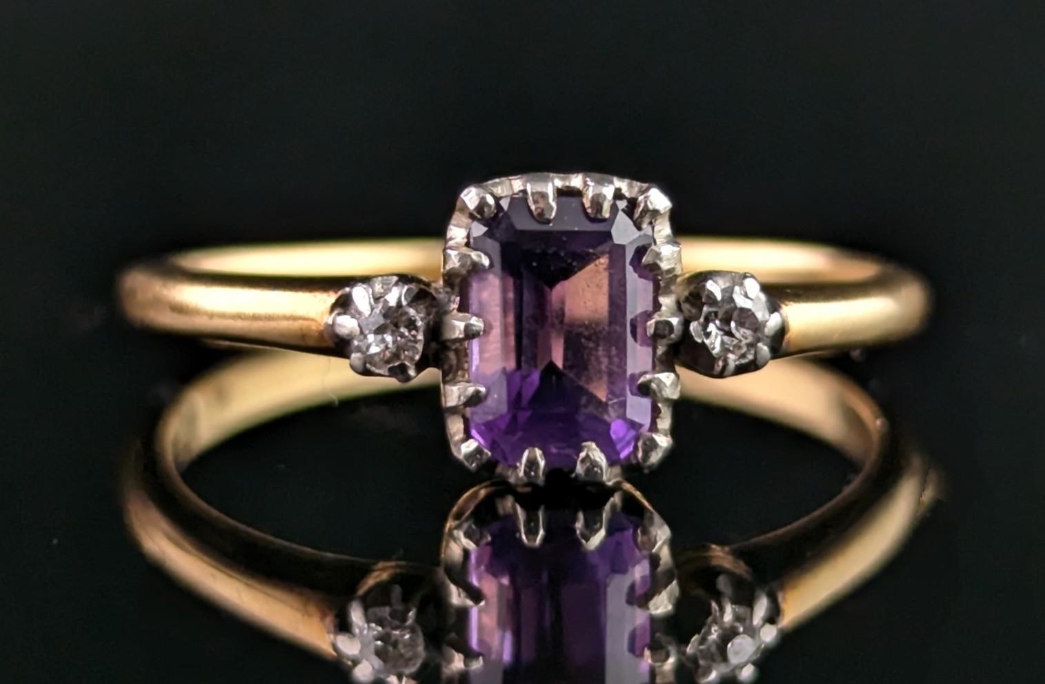 This pretty antique Amethyst and Diamond ring is delightfully charming!

We love it's geometric yet historic design and the lush vibrant amethyst, set to the centre and surrounded by a duo of sparkling old cut diamonds.

The ring is crafted in rich