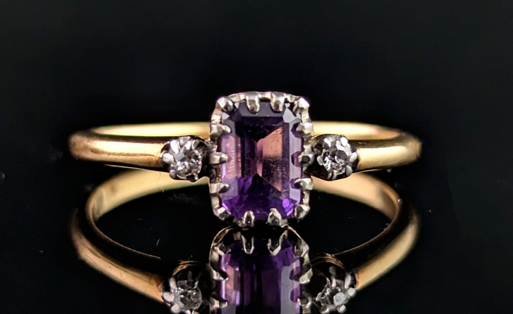 Women's Antique Amethyst and Diamond ring, 18k yellow gold, three stone For Sale