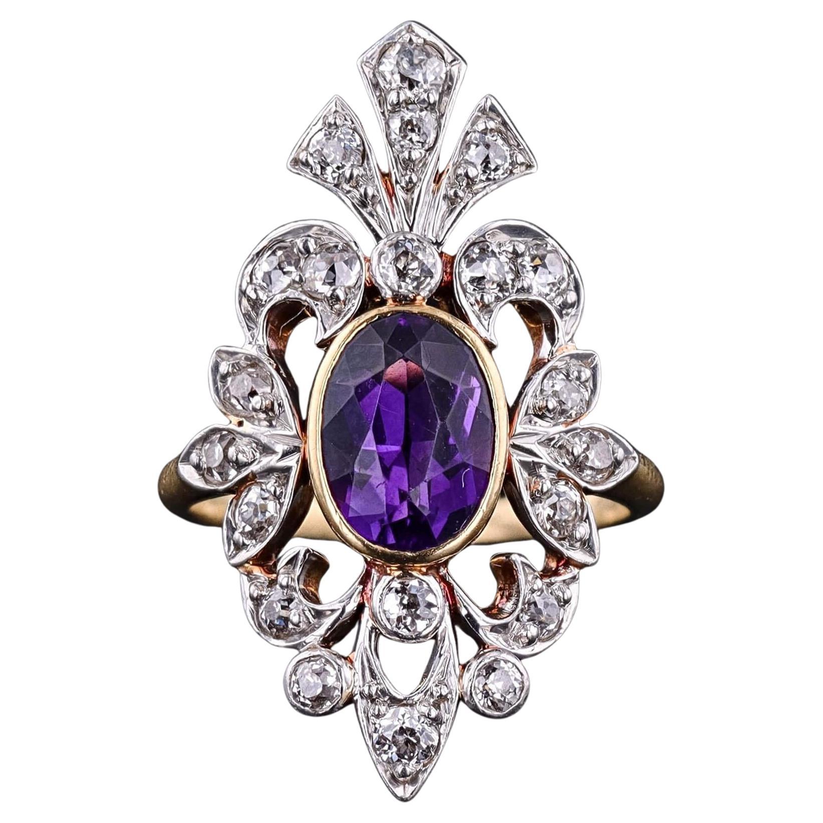 Antique Amethyst and Diamond Ring of 18k Gold and Platinum