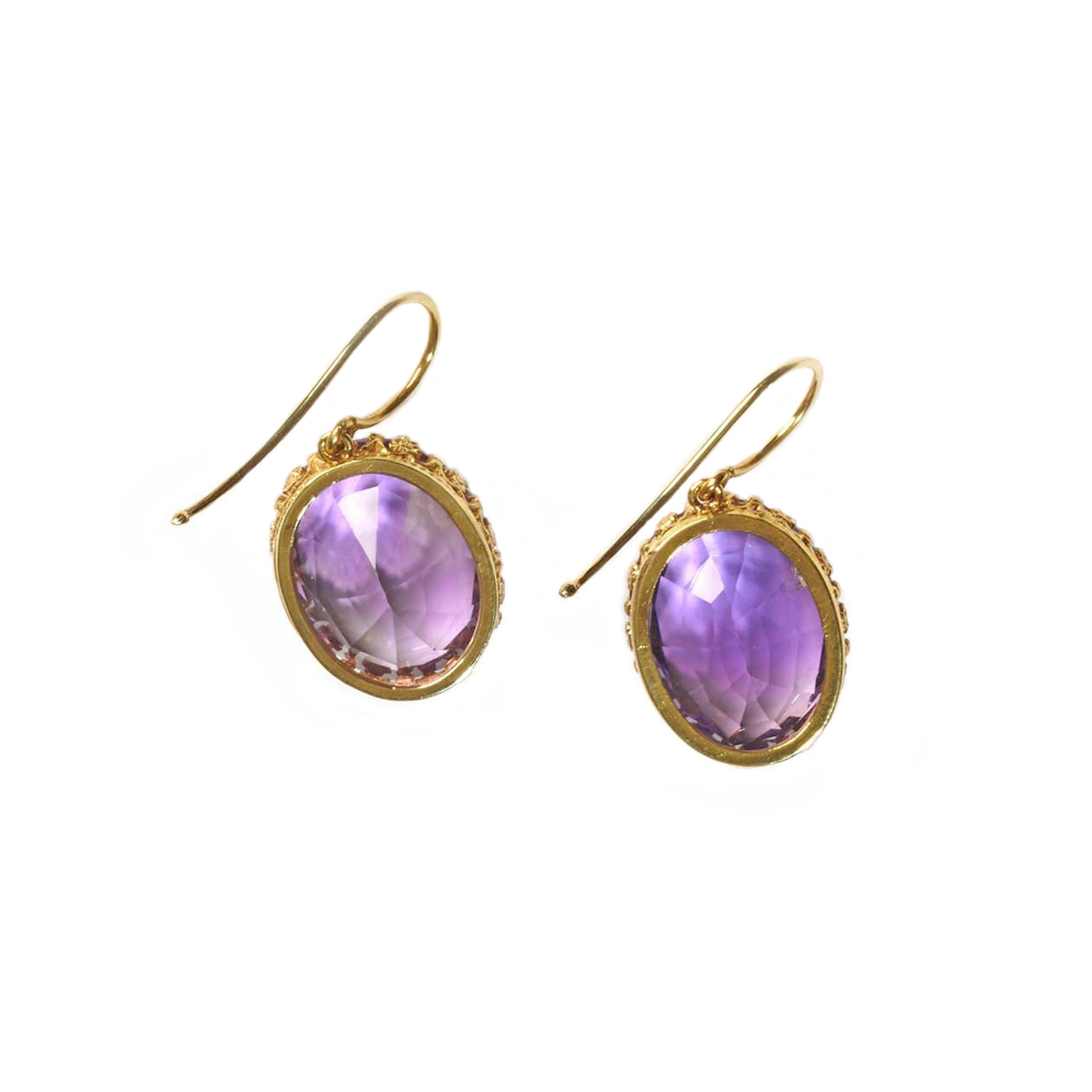 Oval Cut Antique Amethyst and Gold Drop Earrings, 33.88 Carats, circa 1880