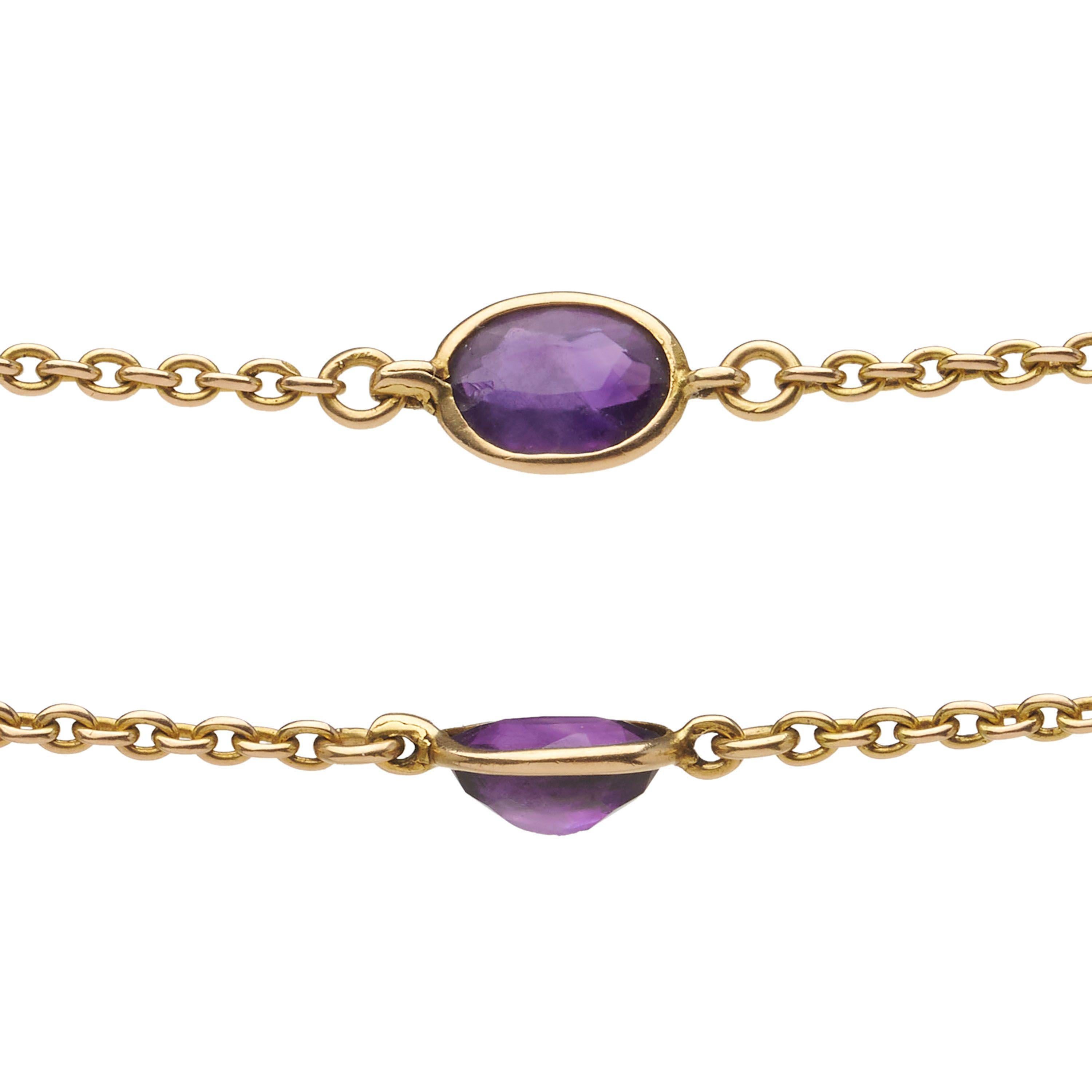 Oval Cut Antique Amethyst and Gold Long Chain Necklace, Circa 1920 For Sale