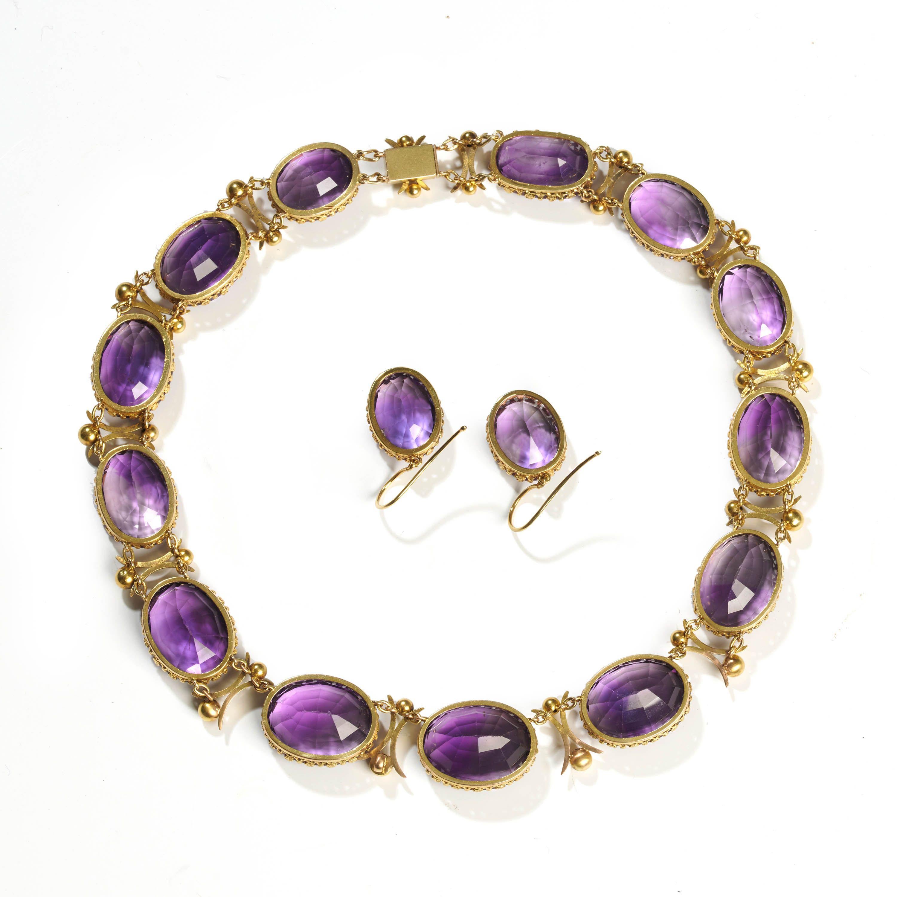 Late Victorian Antique Amethyst and Gold Riviére Necklace and Earrings Suite, Circa 1880 For Sale