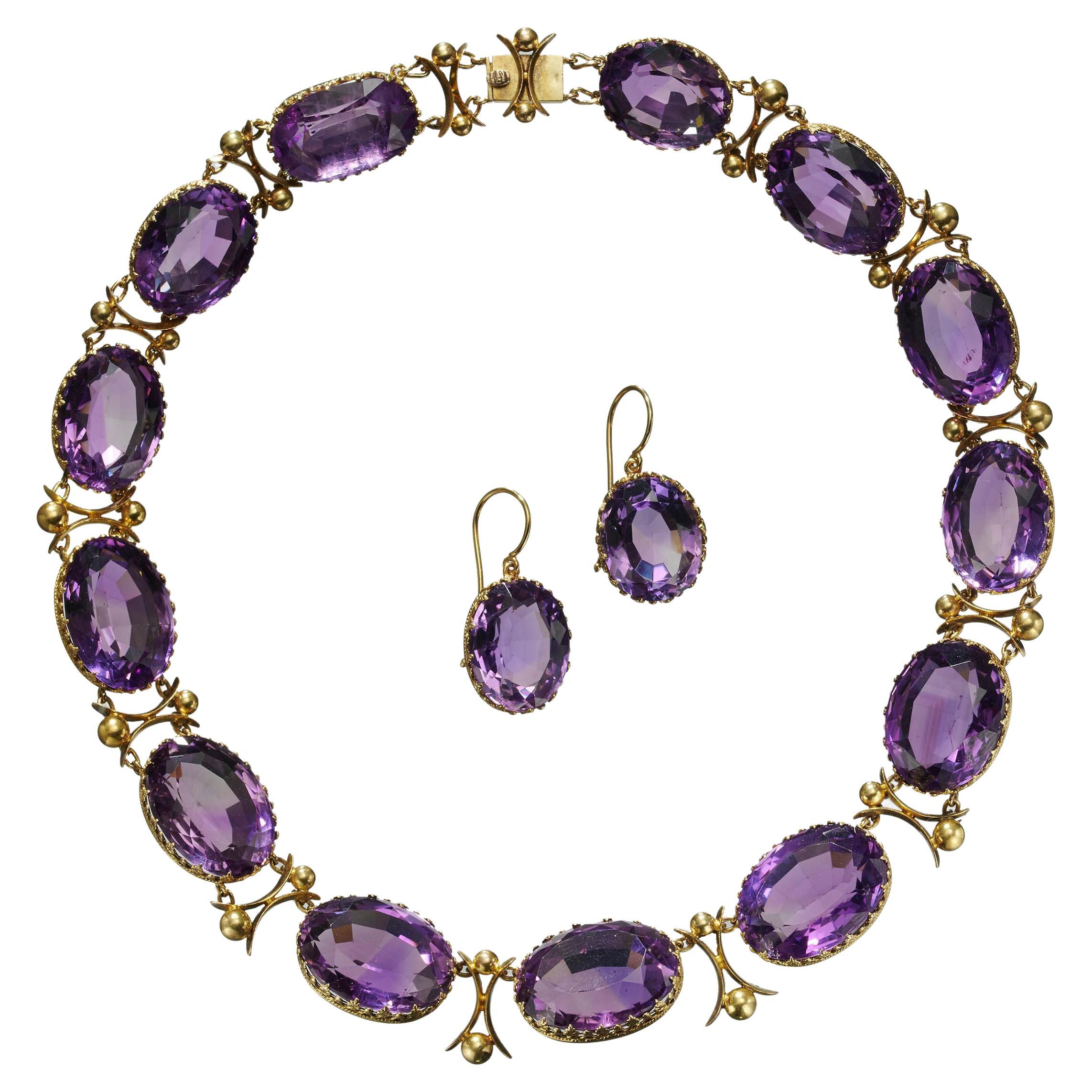 Antique Amethyst and Gold Riviére Necklace and Earrings Suite, Circa 1880