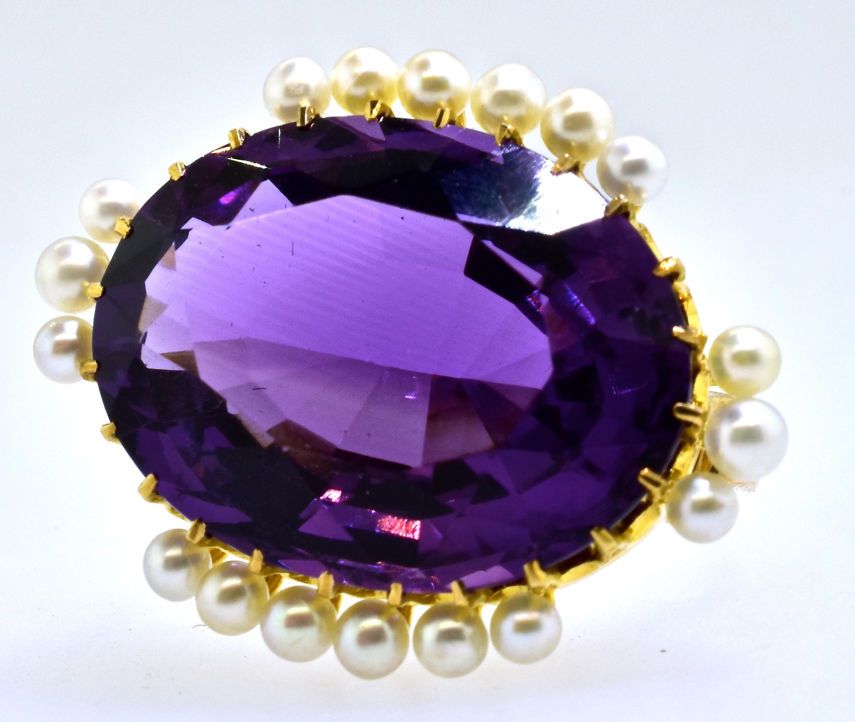 Victorian Antique Amethyst and Natural Pearl Gold Brooch, by Birks, circa 1895
