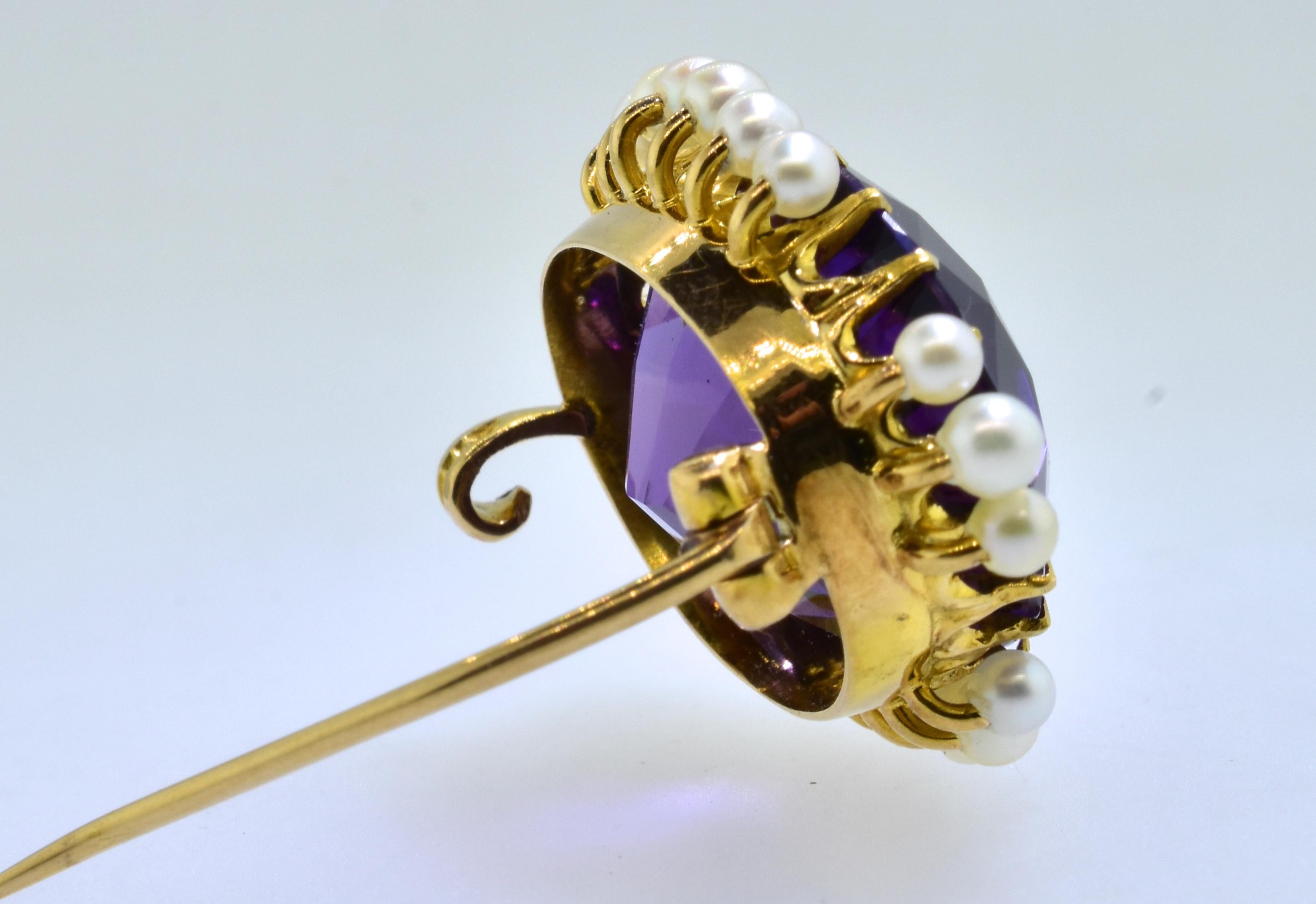Bead Antique Amethyst and Natural Pearl Gold Brooch, by Birks, circa 1895
