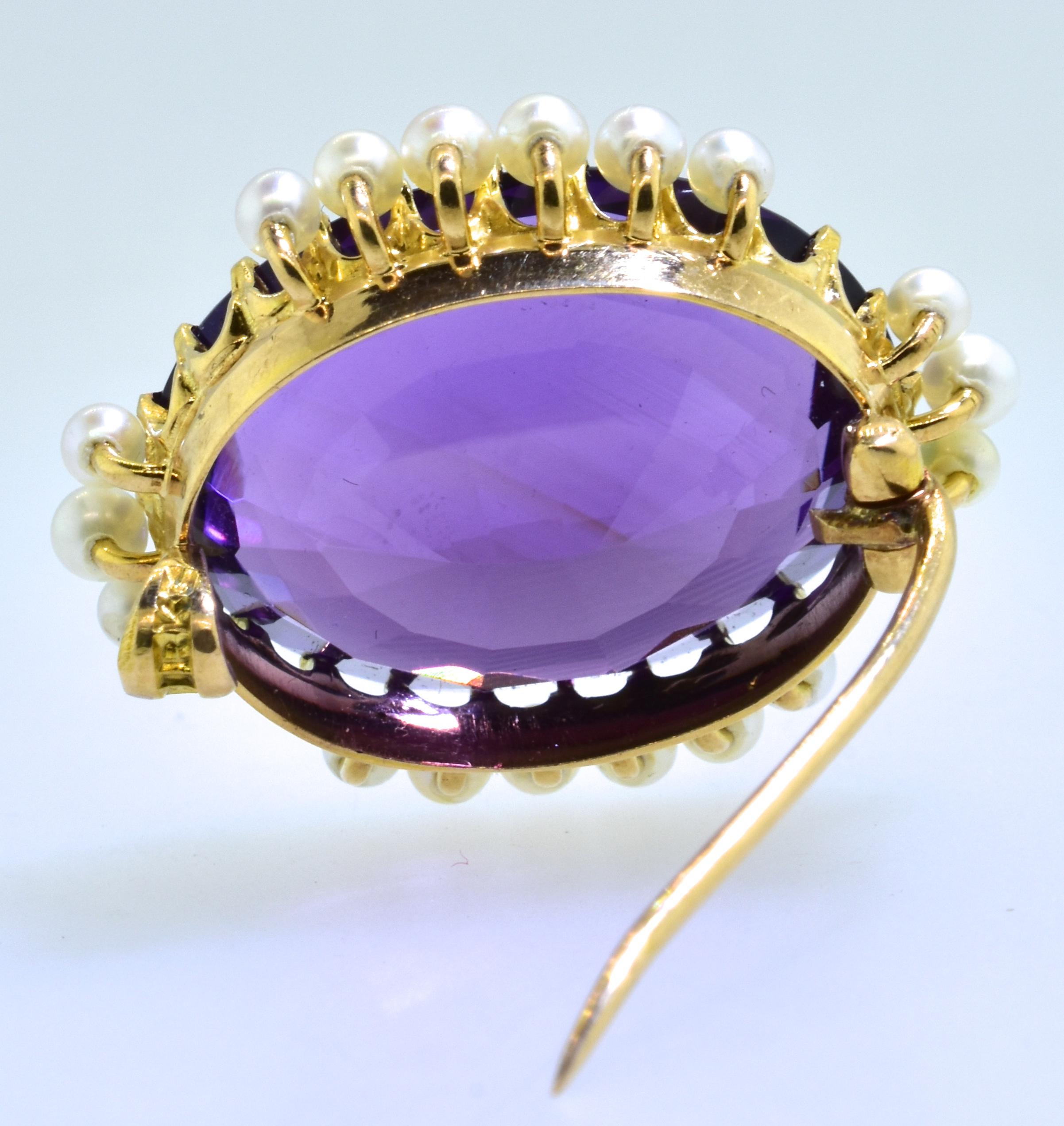 Antique Amethyst and Natural Pearl Gold Brooch, by Birks, circa 1895 In Excellent Condition In Aspen, CO
