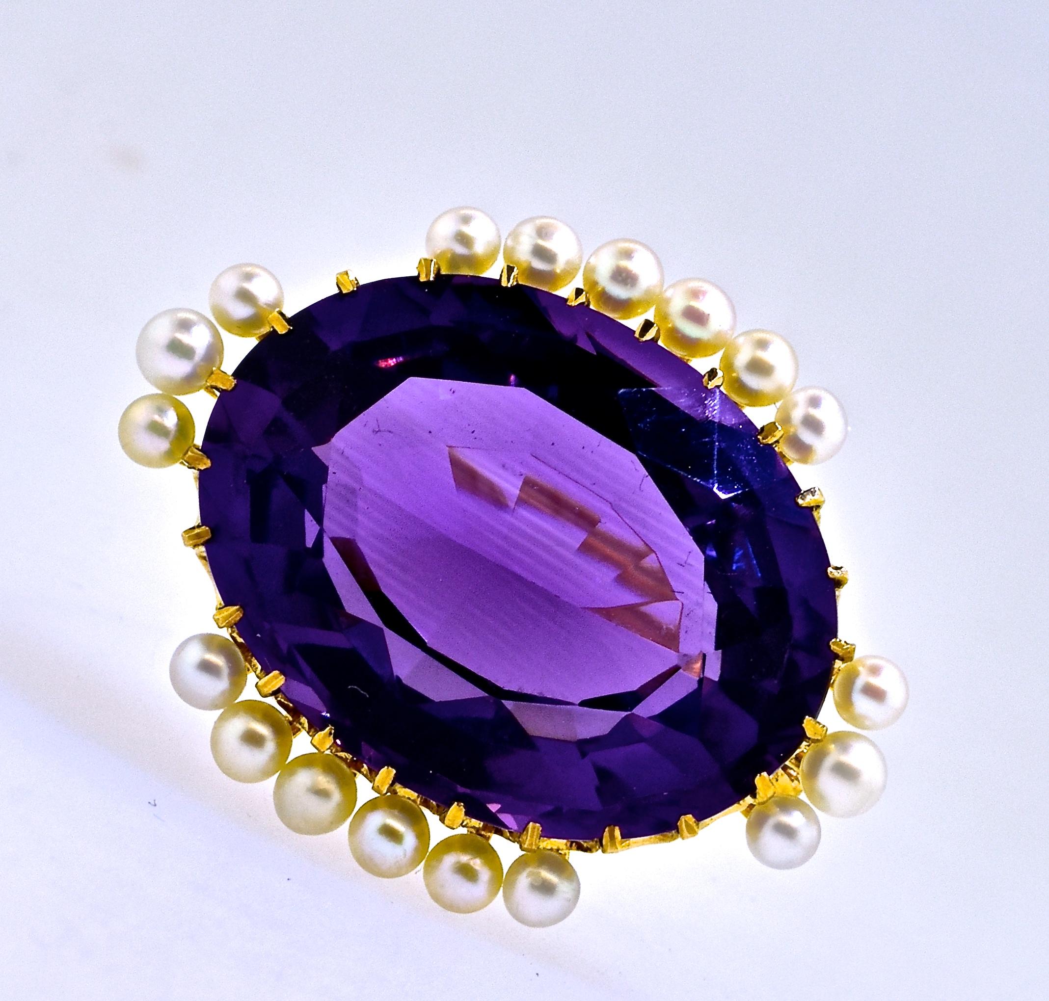 Women's or Men's Antique Amethyst and Natural Pearl Gold Brooch, by Birks, circa 1895