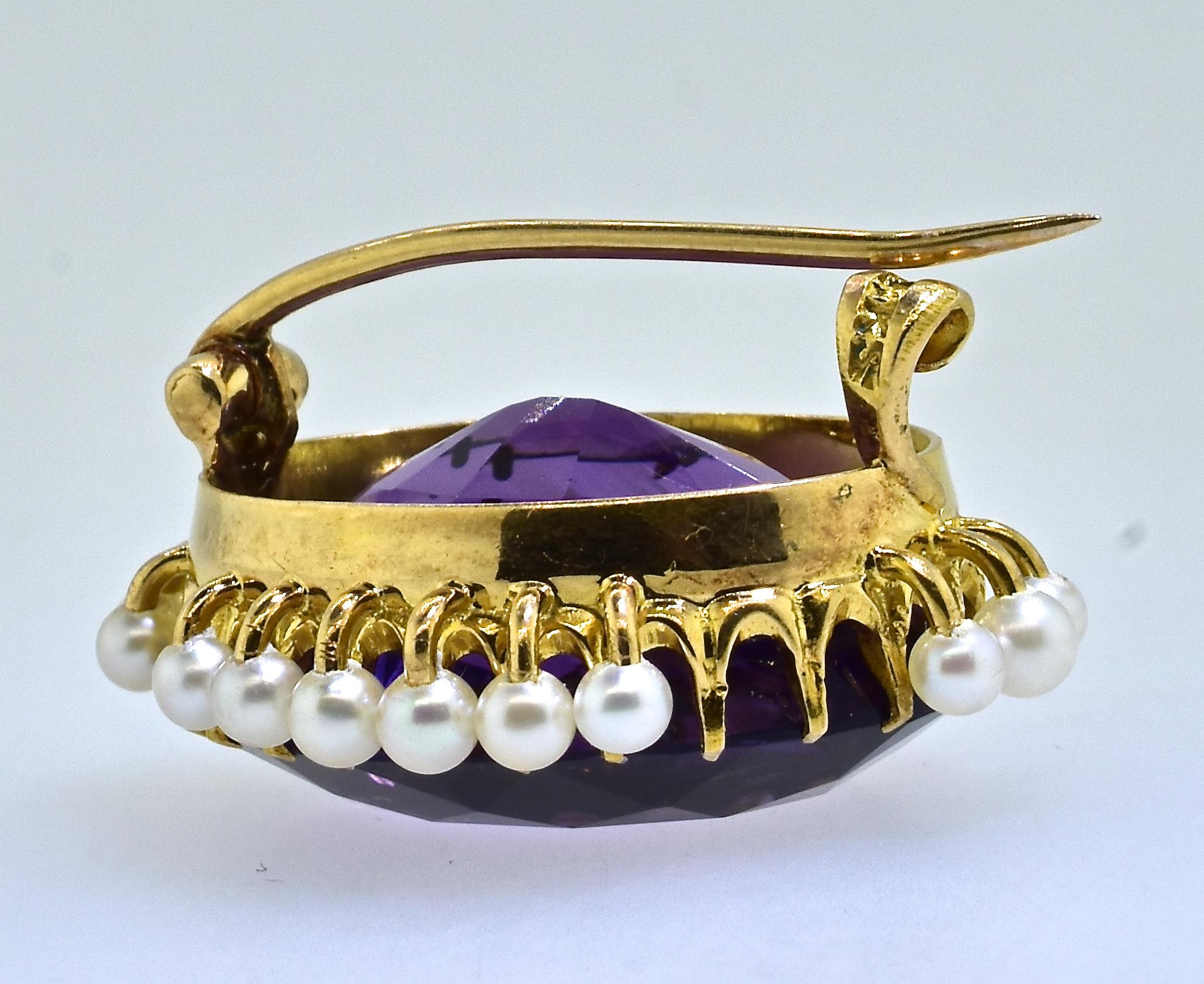Antique Amethyst and Natural Pearl Gold Brooch, by Birks, circa 1895 1