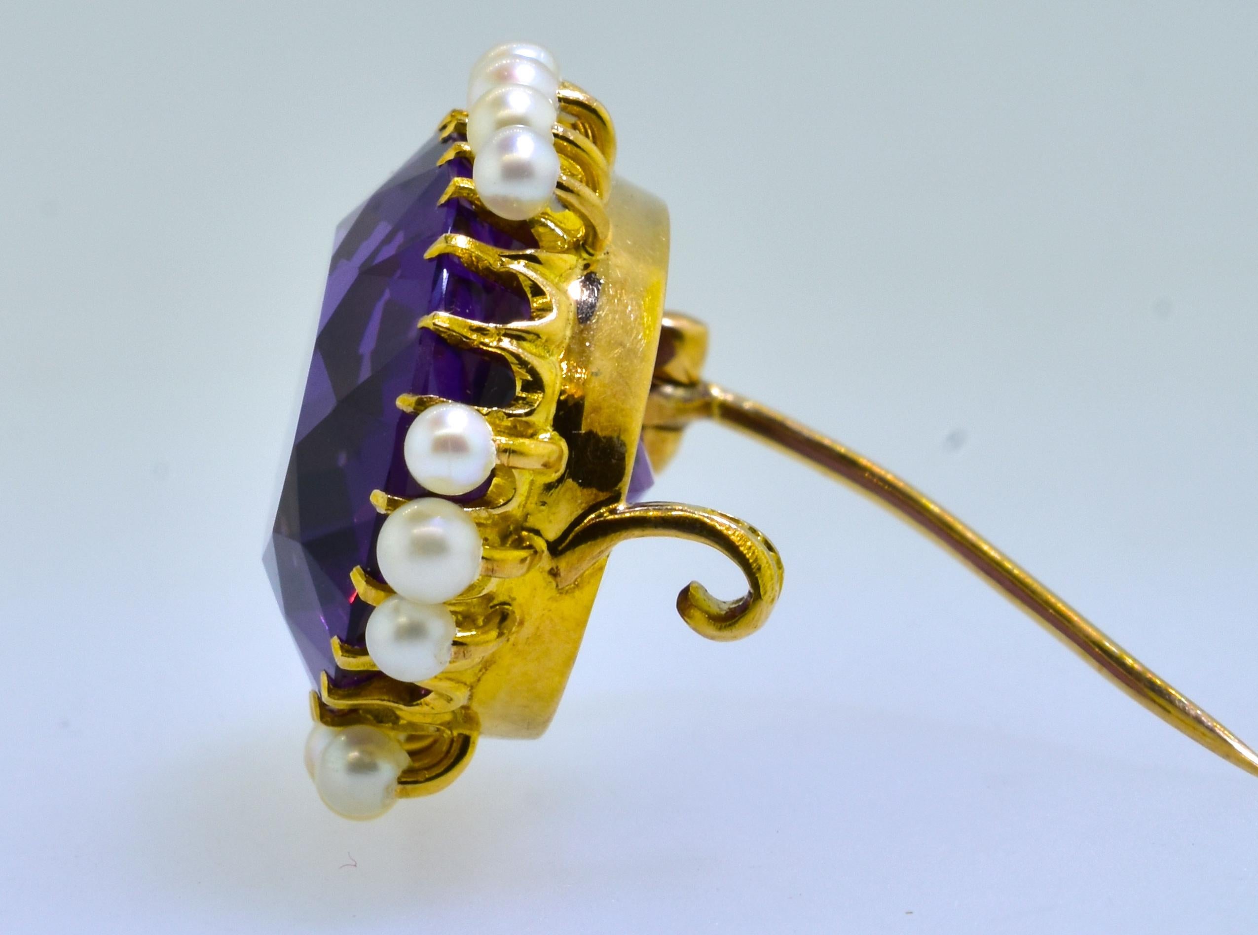 Antique Amethyst and Natural Pearl Gold Brooch, by Birks, circa 1895 2