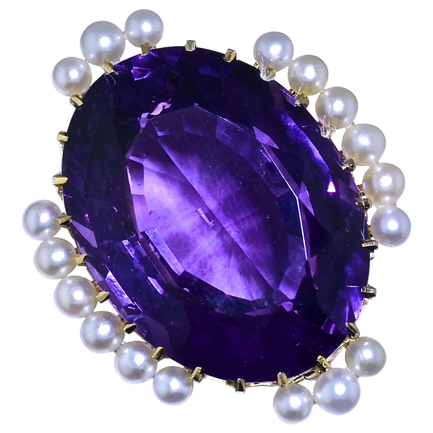 Antique Amethyst and Natural Pearl Gold Brooch, by Birks, circa 1895