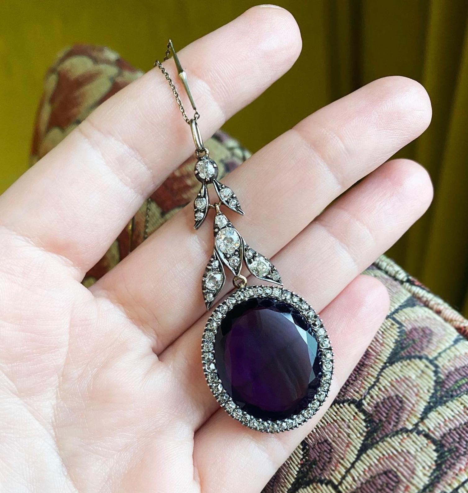 Antique Amethyst and Old Cut Diamond Foliate Motif Pendant in Silver and Gold In Good Condition For Sale In New York, NY