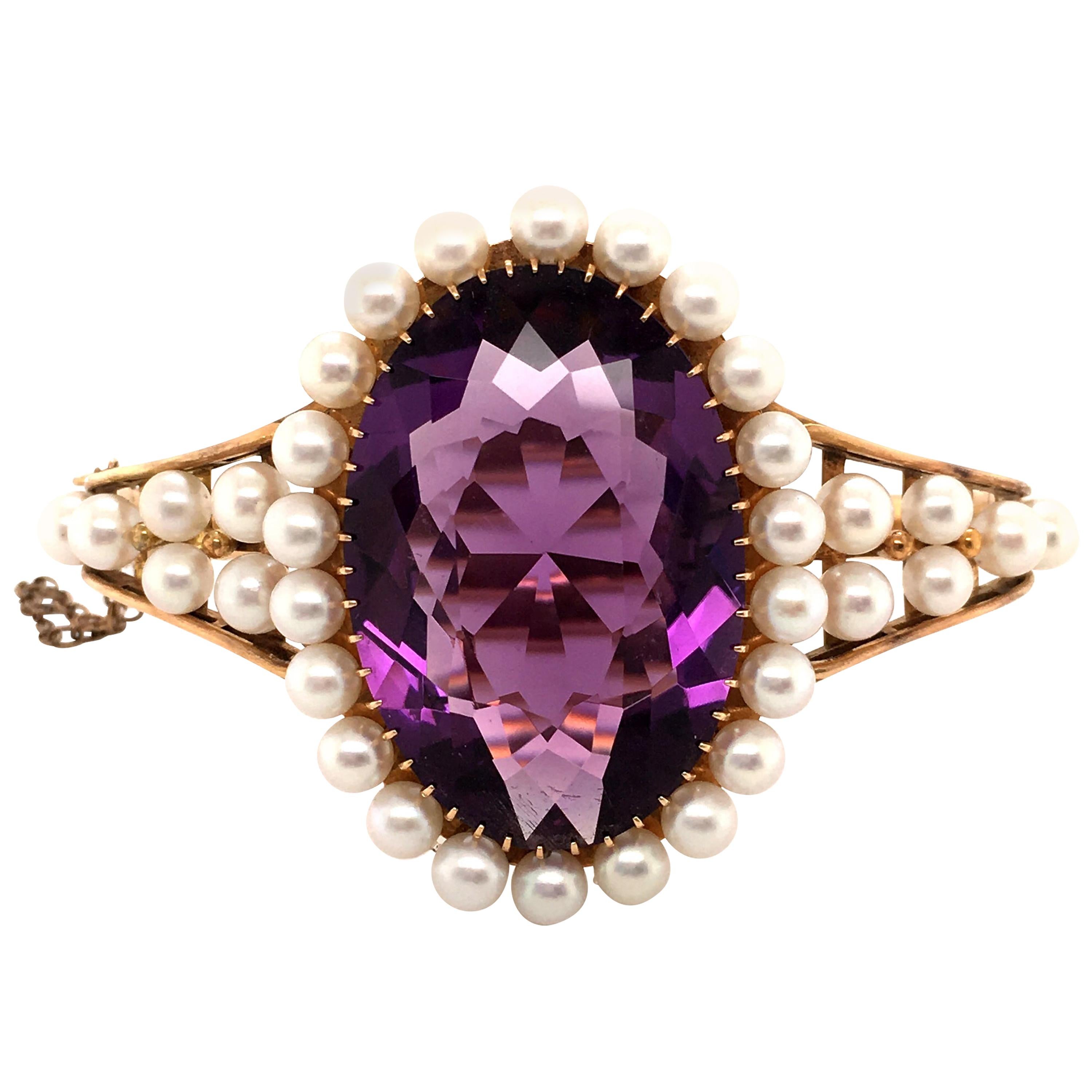 Antique Amethyst and Pearl Bangle in 18 Karat Gold