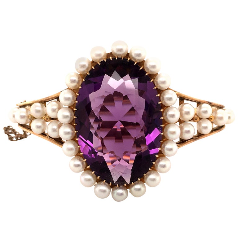 Bracelet En Or Jaune 18 Carats Avec Perles De Culture Et Améthyste – Élégant Et Vintage