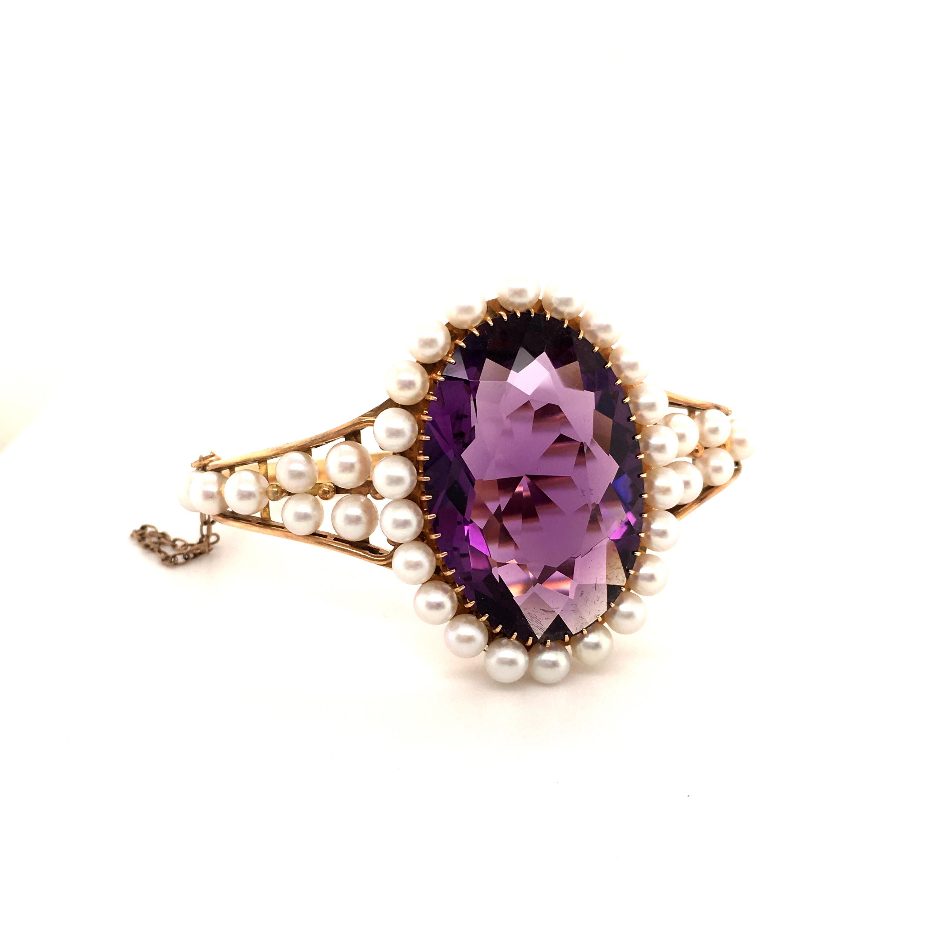 Retro Antique Amethyst and Pearl Bangle in 18 Karat Gold