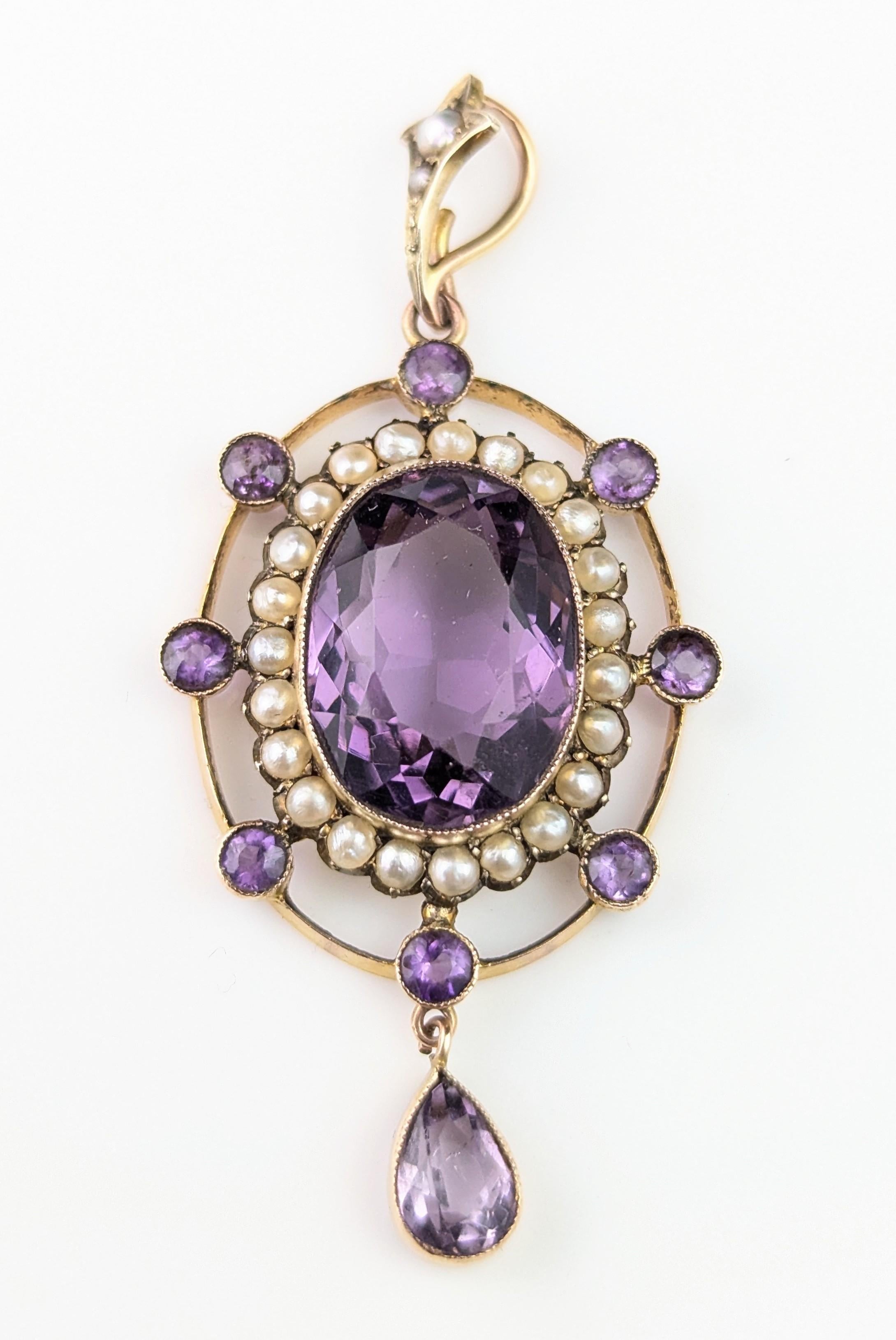 Pendentif antique en améthyste et perle, or jaune 9k en vente 7