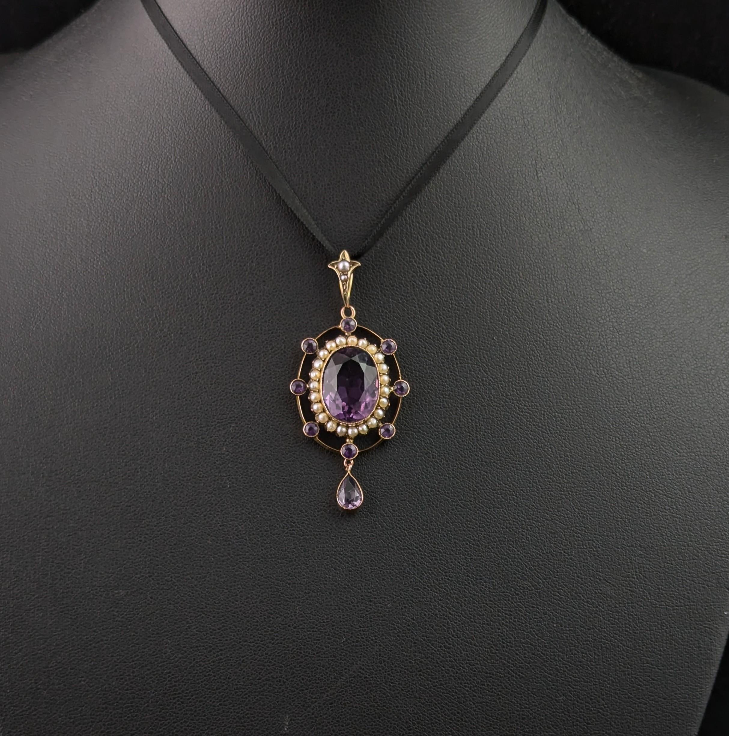 Pendentif antique en améthyste et perle, or jaune 9k Bon état - En vente à NEWARK, GB