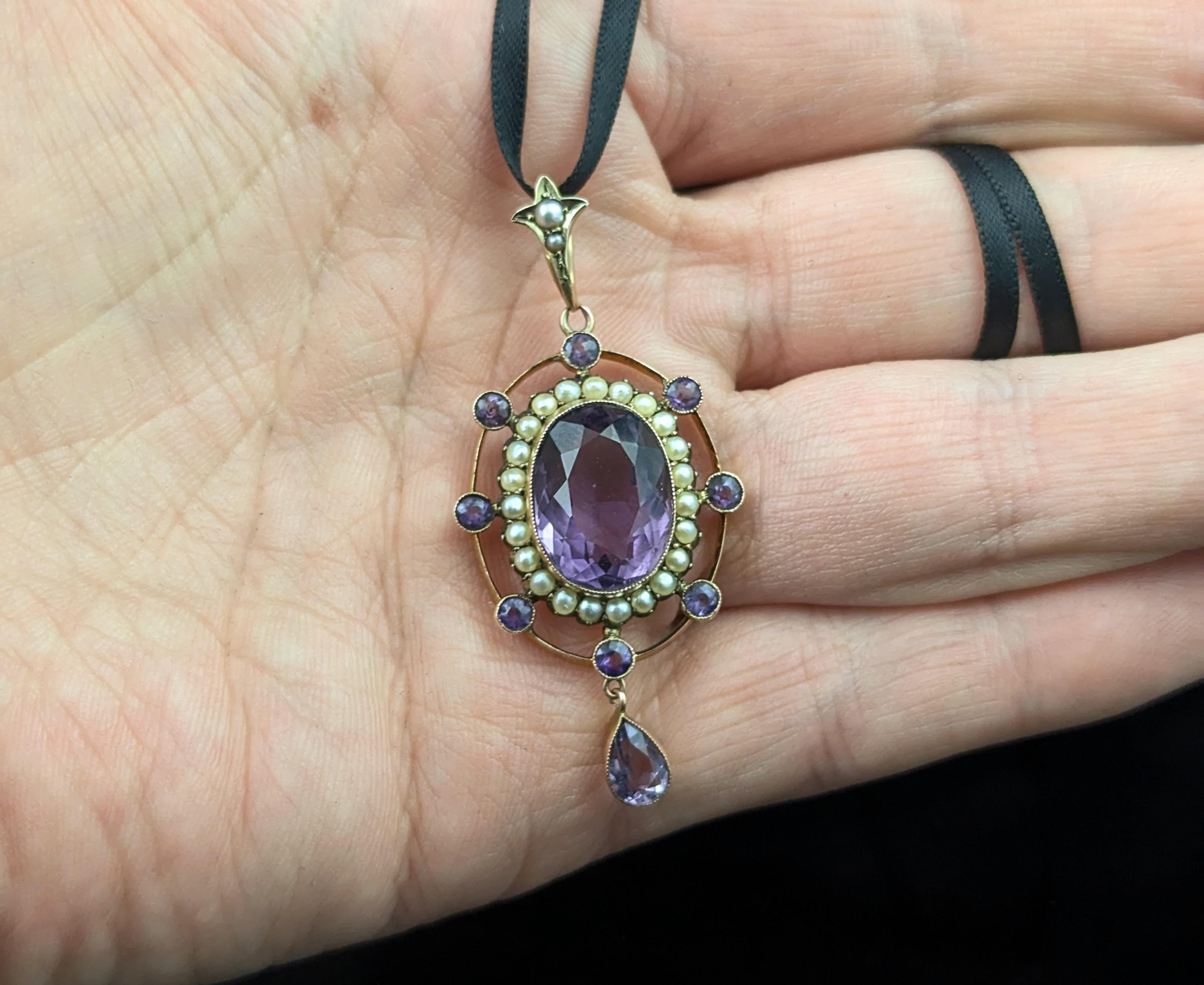 Pendentif antique en améthyste et perle, or jaune 9k en vente 3