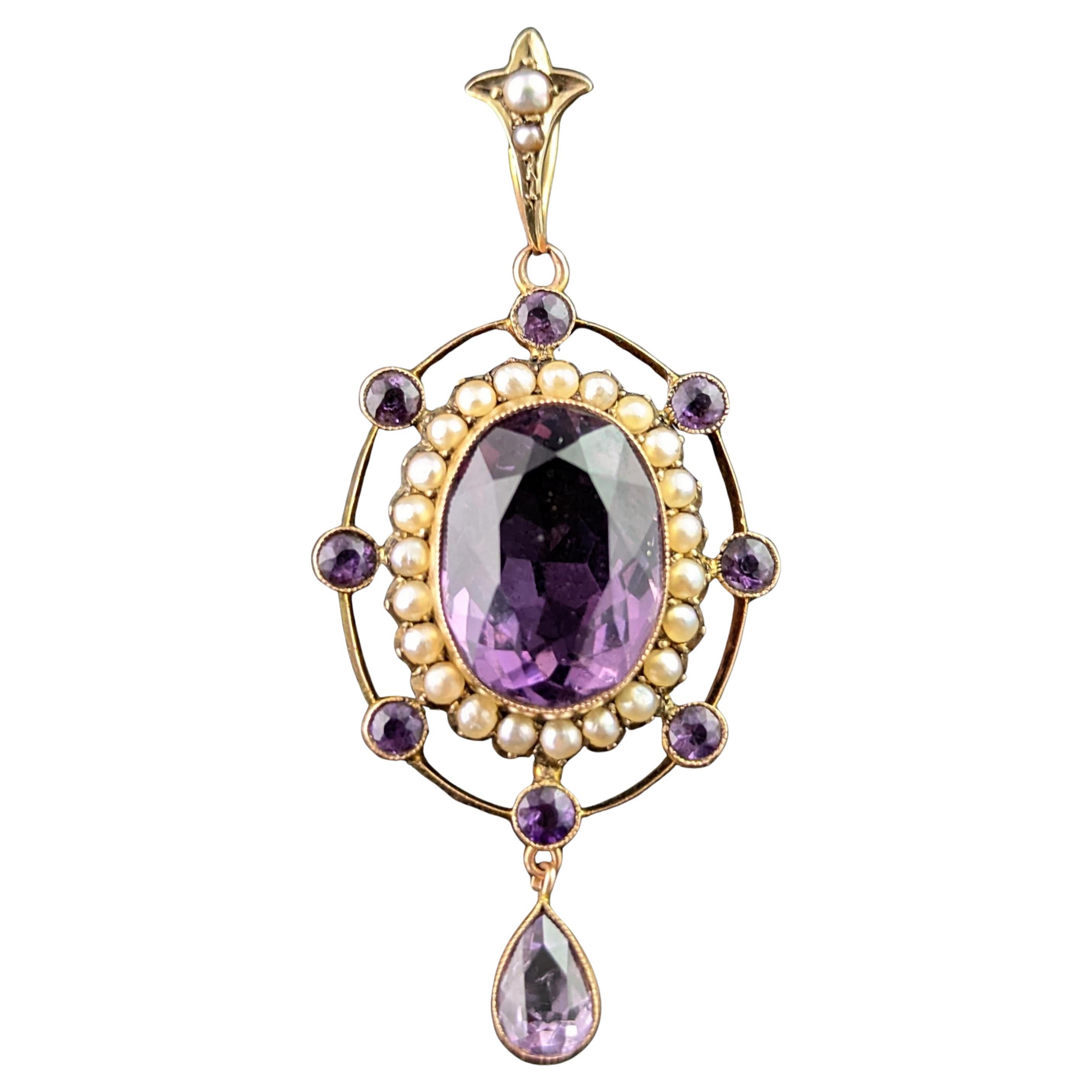 Antique Amethyst and Pearl drop pendant, 9k yellow gold