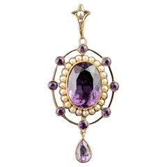Antiguo colgante gota de amatista y perla, oro amarillo de 9k