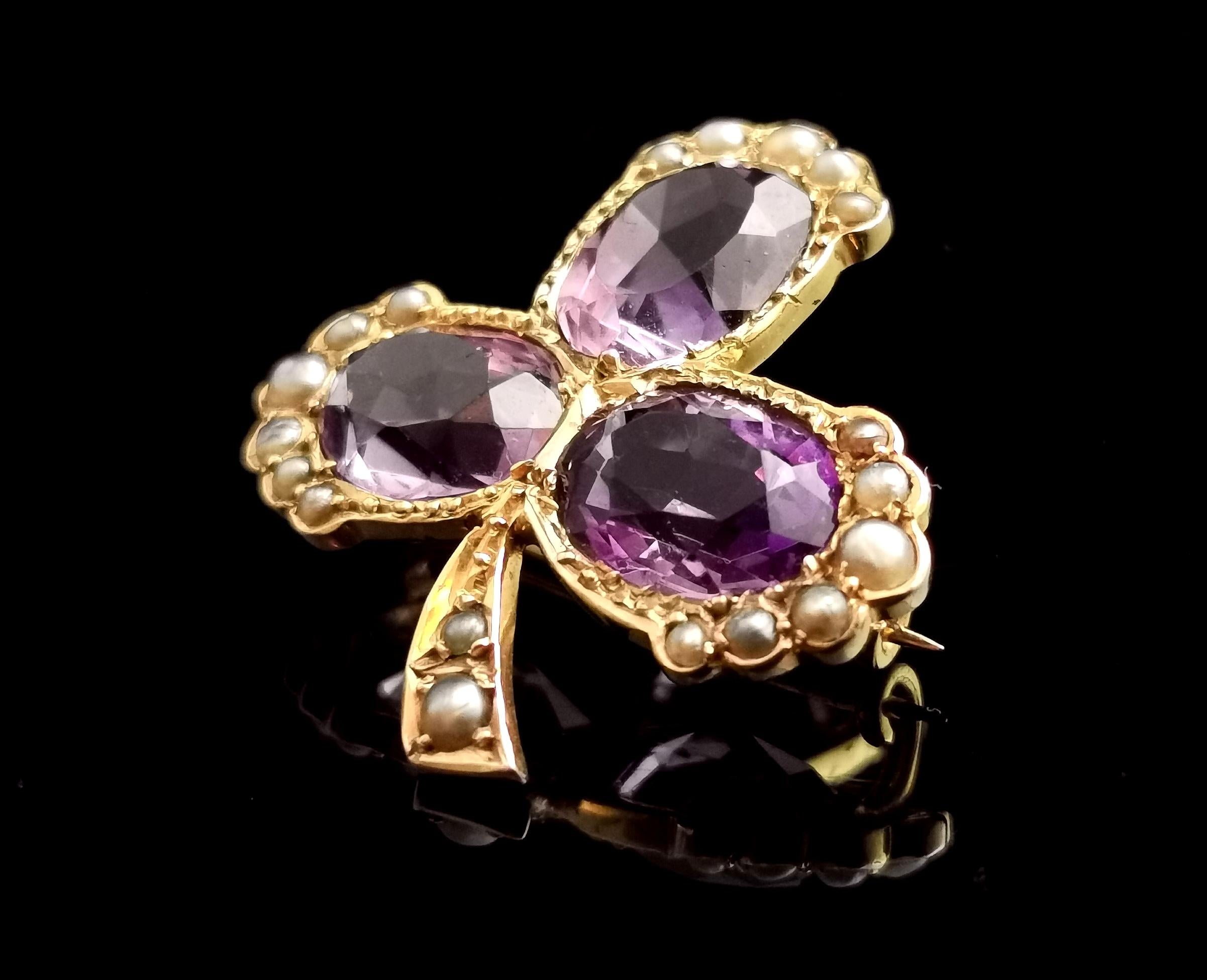 Oval Cut Antique Amethyst and Pearl Shamrock Brooch, Clover, 15k Gold, Victorian For Sale
