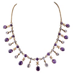Antique Amethyst and Rock Crystal Fringe Necklace of 10k Gold
