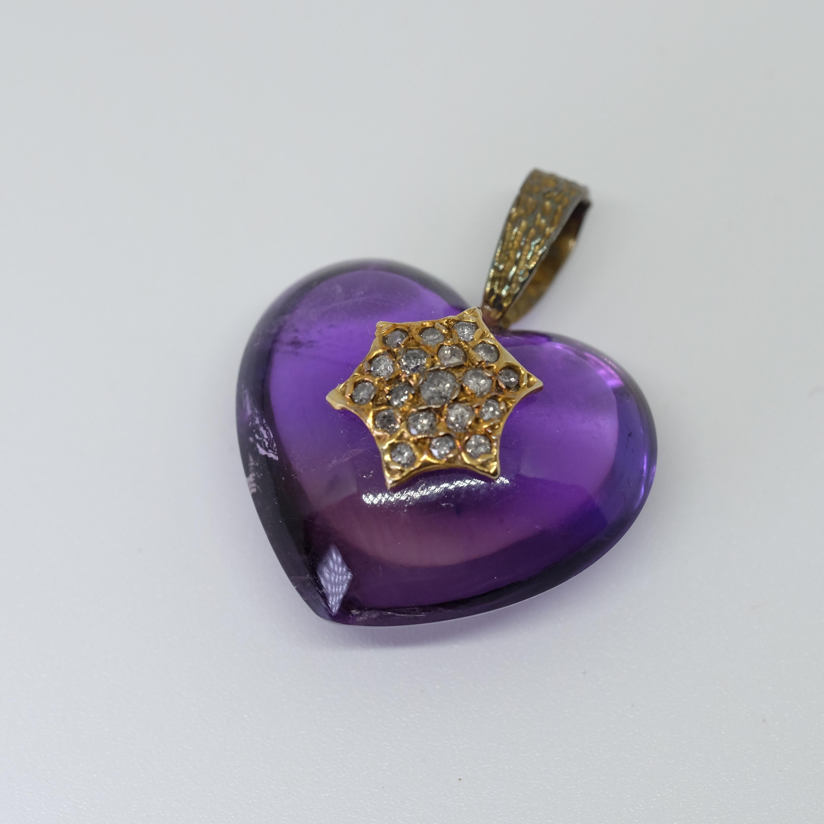 Cabochon Antique Amethyst and Rose Cut Diamonds Heart Pendant For Sale