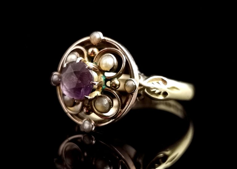 Antique Amethyst and Seed Pearl Ring, 18 Karat Yellow Gold 6