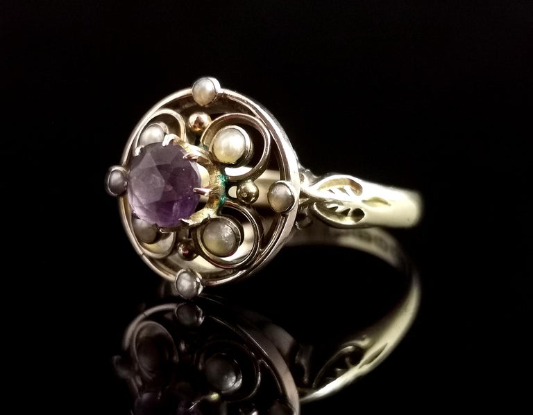 Antique Amethyst and Seed Pearl Ring, 18 Karat Yellow Gold 7