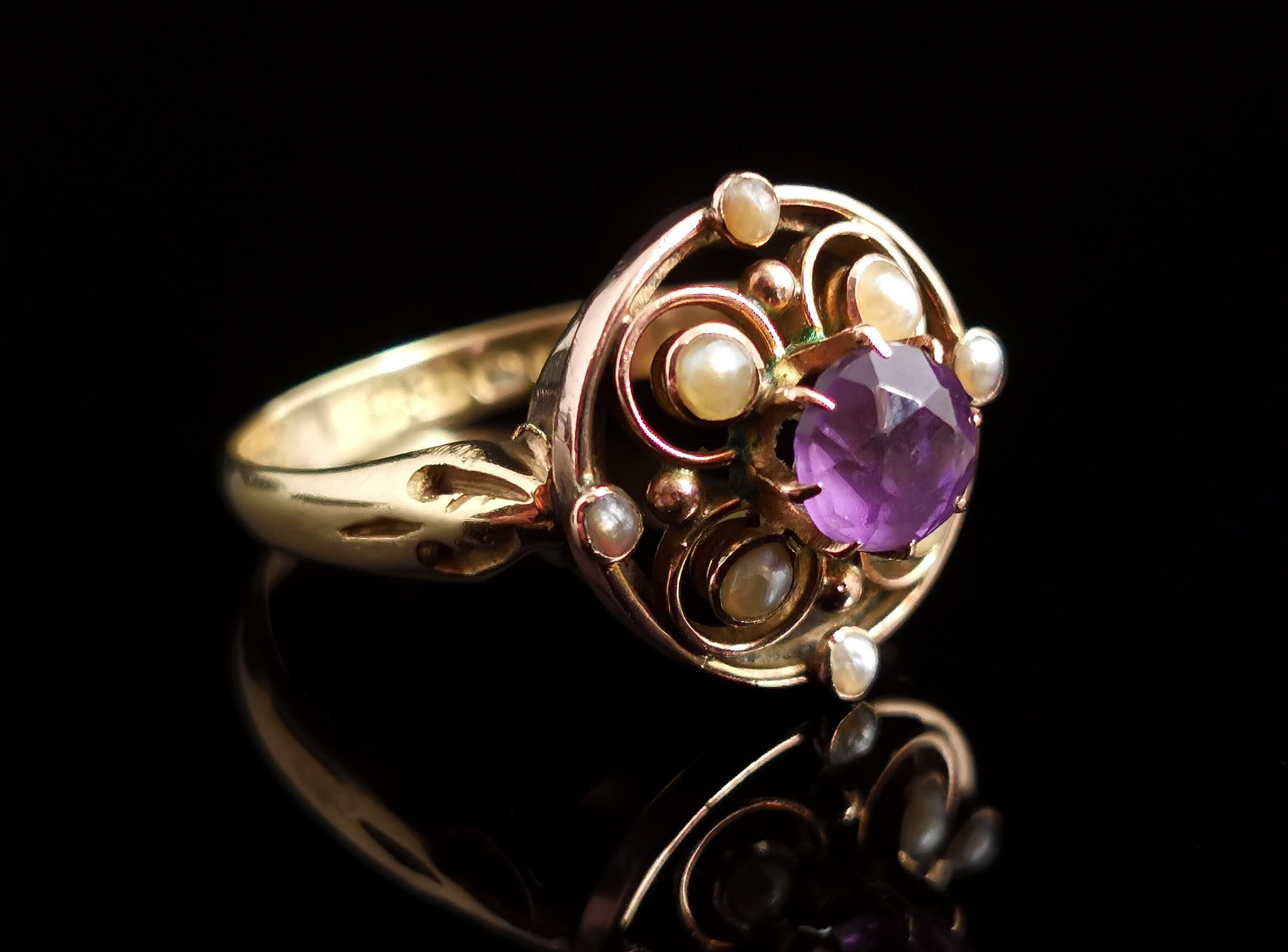 Art Nouveau Antique Amethyst and Seed Pearl Ring, 18 Karat Yellow Gold