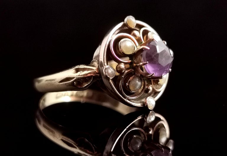 Women's Antique Amethyst and Seed Pearl Ring, 18 Karat Yellow Gold