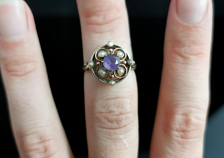 Antique Amethyst and Seed Pearl Ring, 18 Karat Yellow Gold 1