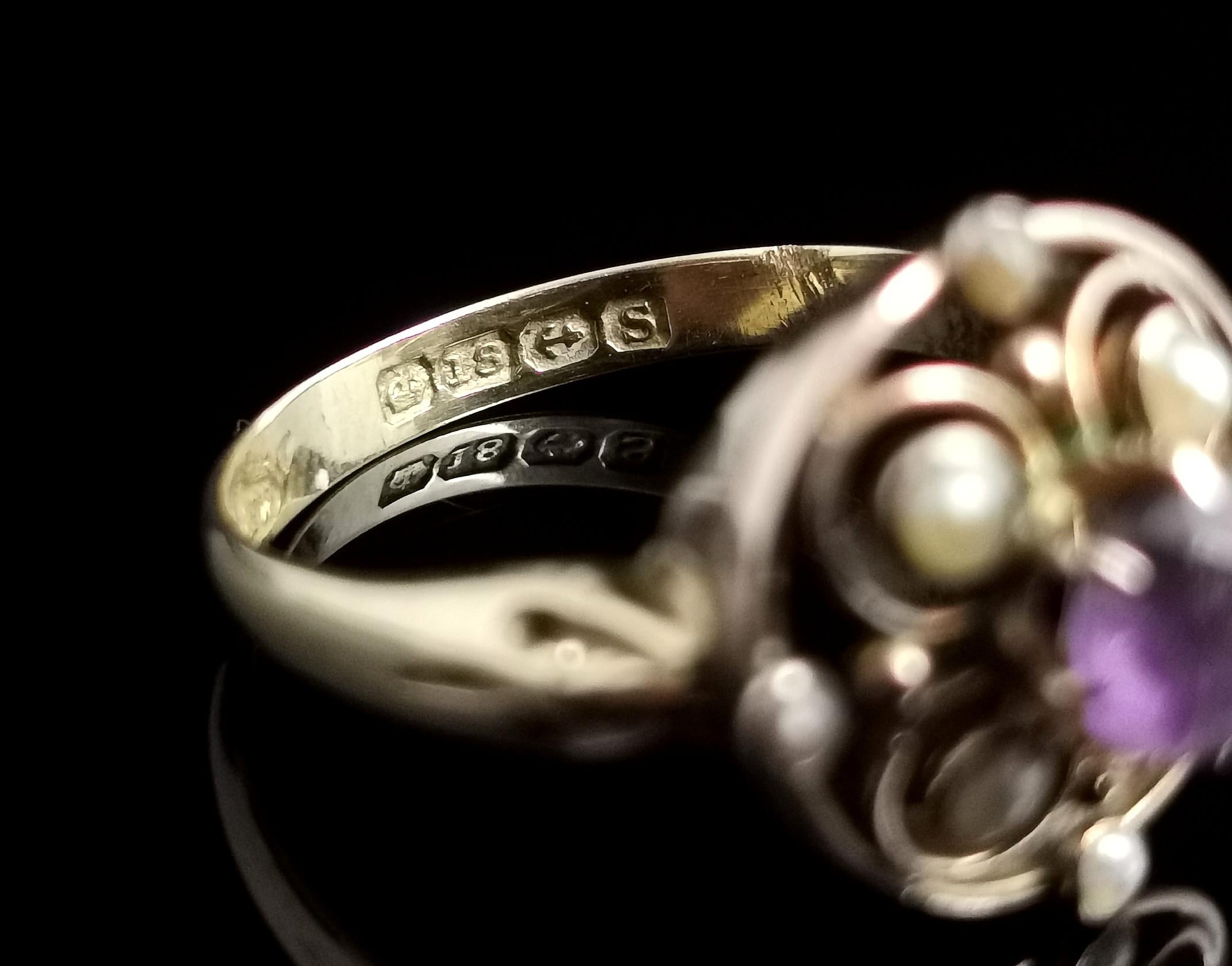 Antique Amethyst and Seed Pearl Ring, 18 Karat Yellow Gold 3