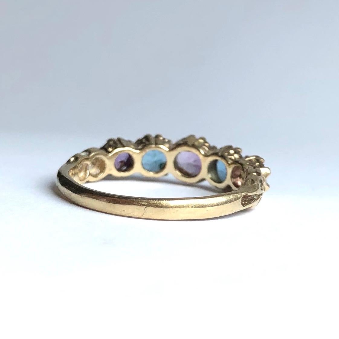 Art Deco Antique Amethyst and Topaz 9 Carat Gold Harlequin Five-Stone Ring