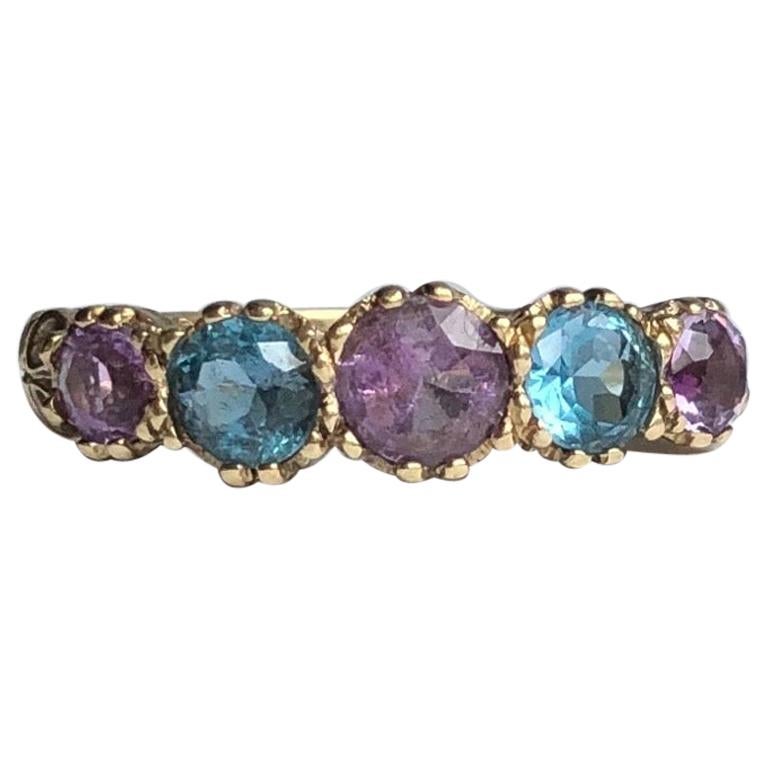 Antique Amethyst and Topaz 9 Carat Gold Harlequin Five-Stone Ring