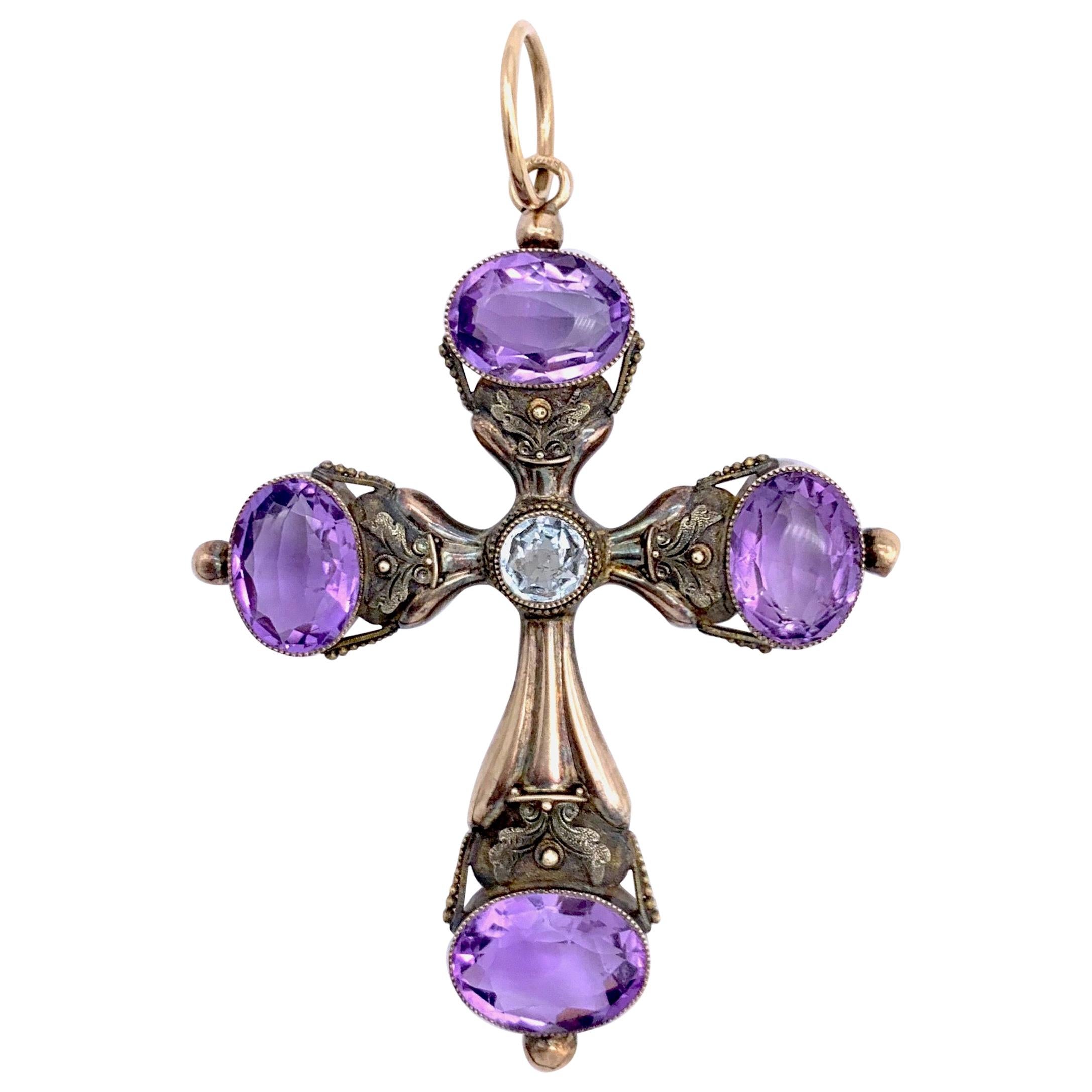 Antique Amethyst Aquamarine 14 Karat Two-Color Gold Cross