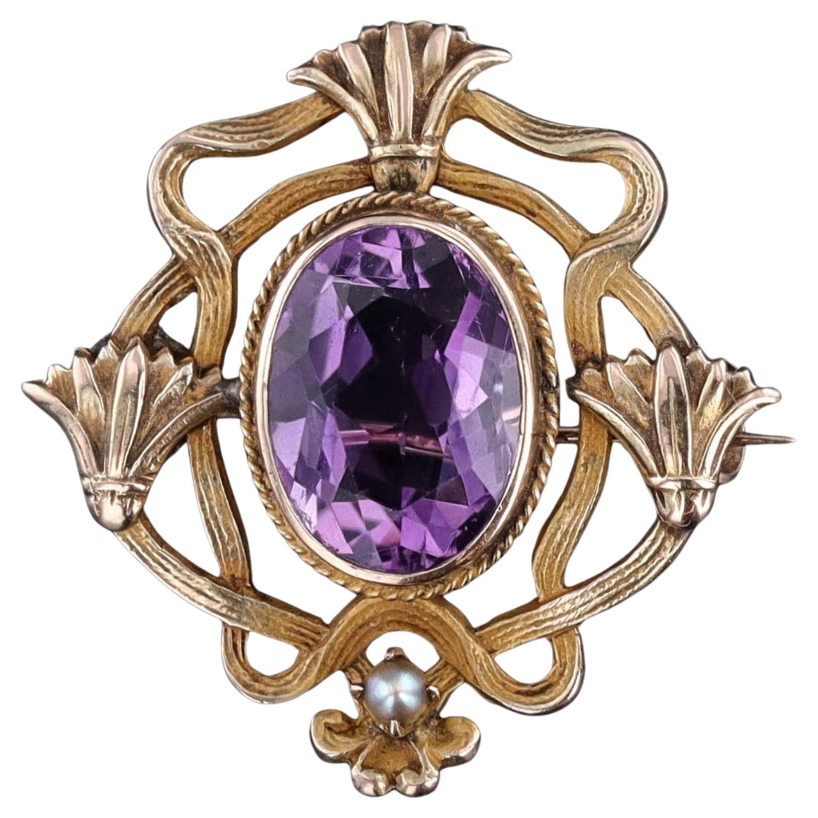 Spilla antica in oro 10k con ametista